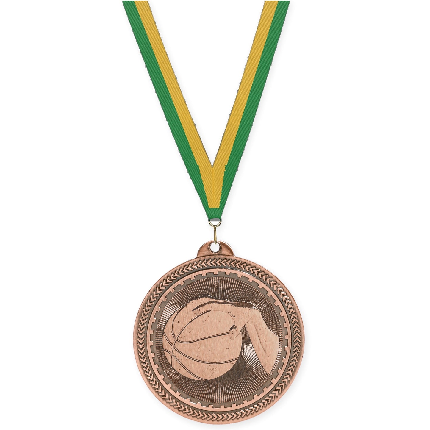 2 inch basketball Sunburst medal in antique bronze with Green Gold neck ribbon