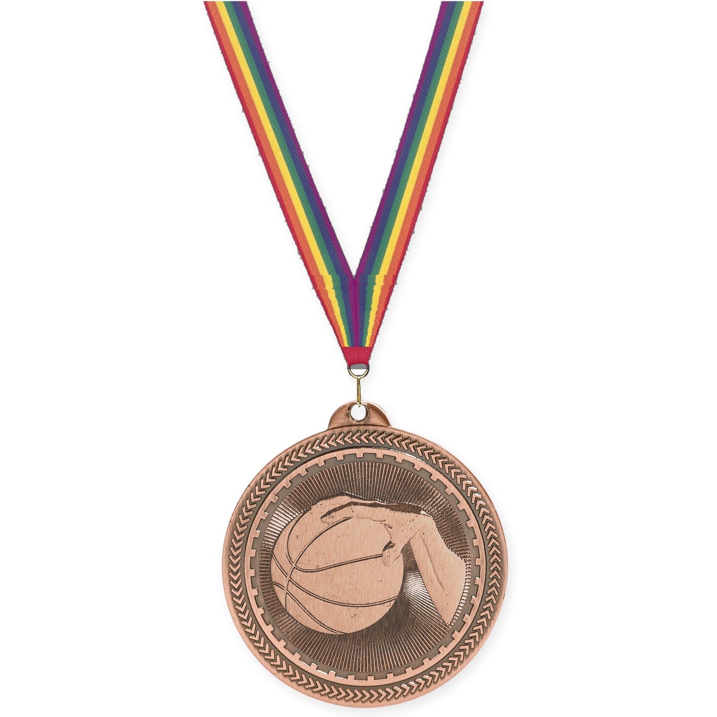 2 inch basketball Sunburst medal in antique bronze with Rainbow neck ribbon