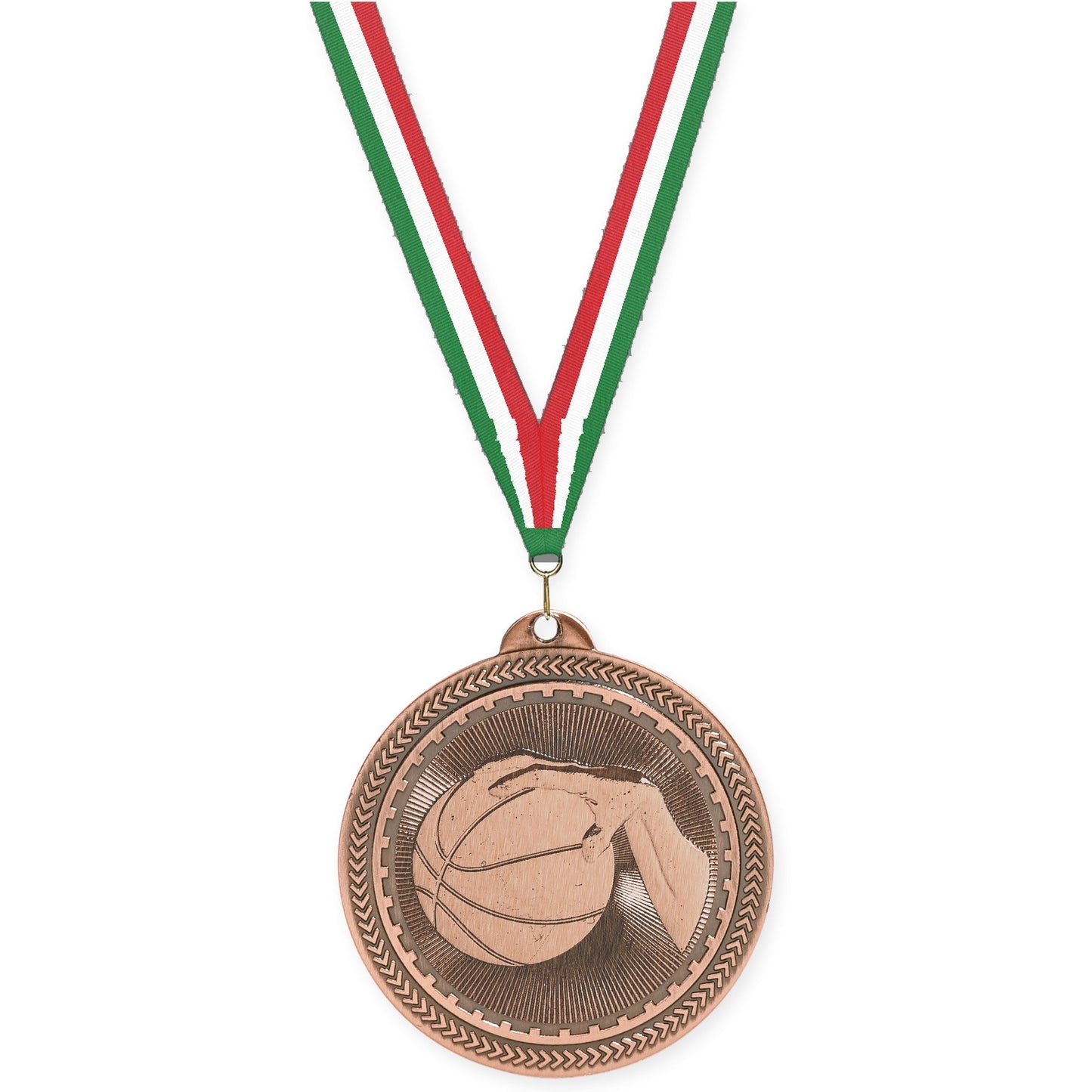 2 inch basketball Sunburst medal in antique bronze with Green White Red neck ribbon