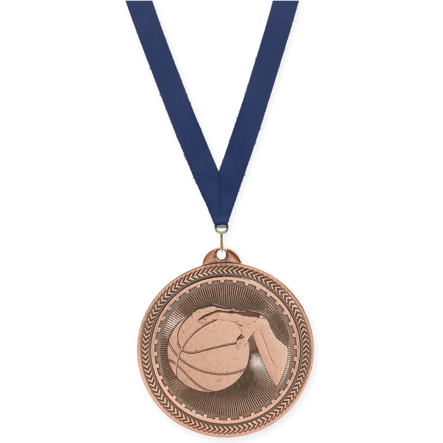 2 inch basketball Sunburst medal in antique bronze with Navy neck ribbon