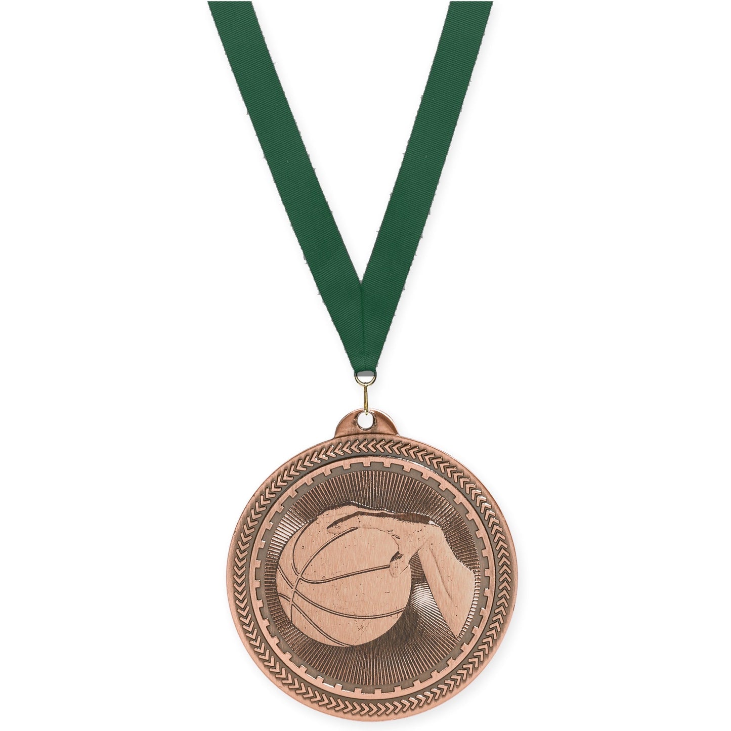 2 inch basketball Sunburst medal in antique bronze with Hunter Green neck ribbon
