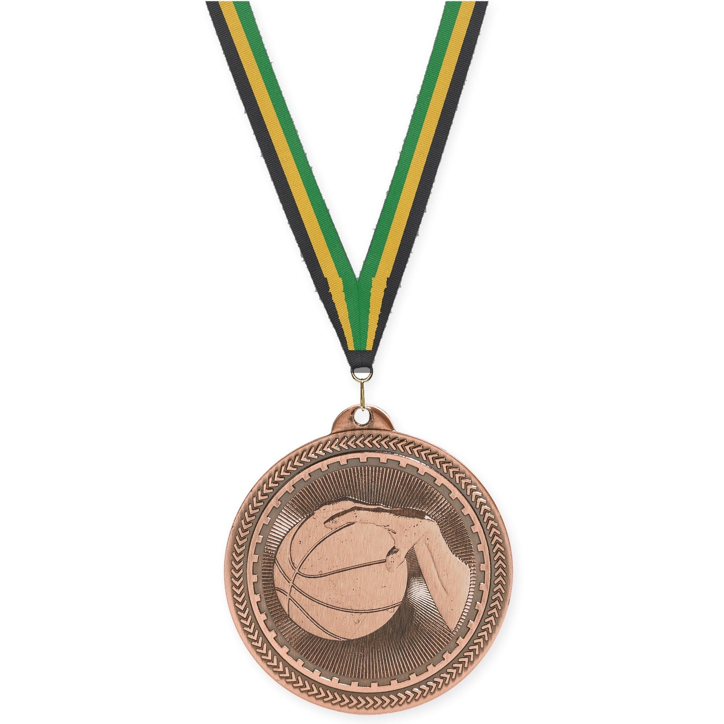 2 inch basketball Sunburst medal in antique bronze with Black Gold Green neck ribbon