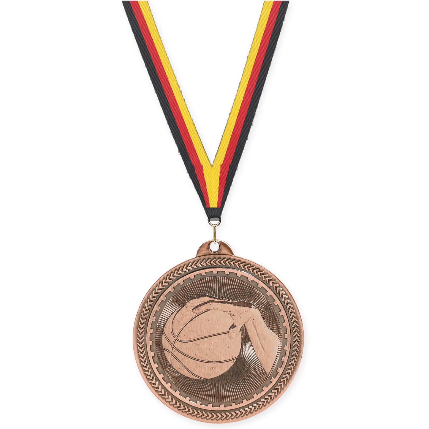 2 inch basketball Sunburst medal in antique bronze with Black Red Yellow neck ribbon