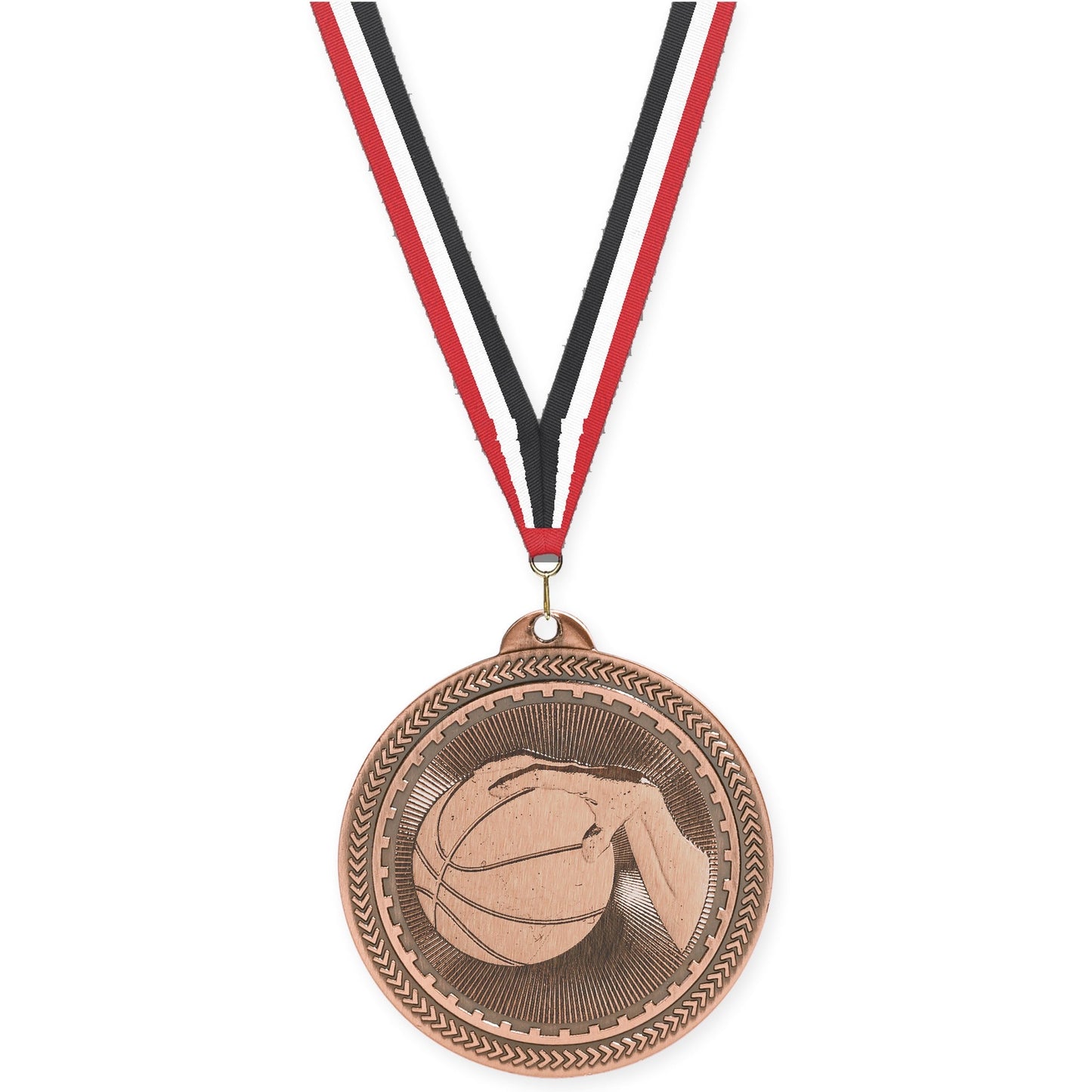 2 inch basketball Sunburst medal in antique bronze with Red White Black neck ribbon