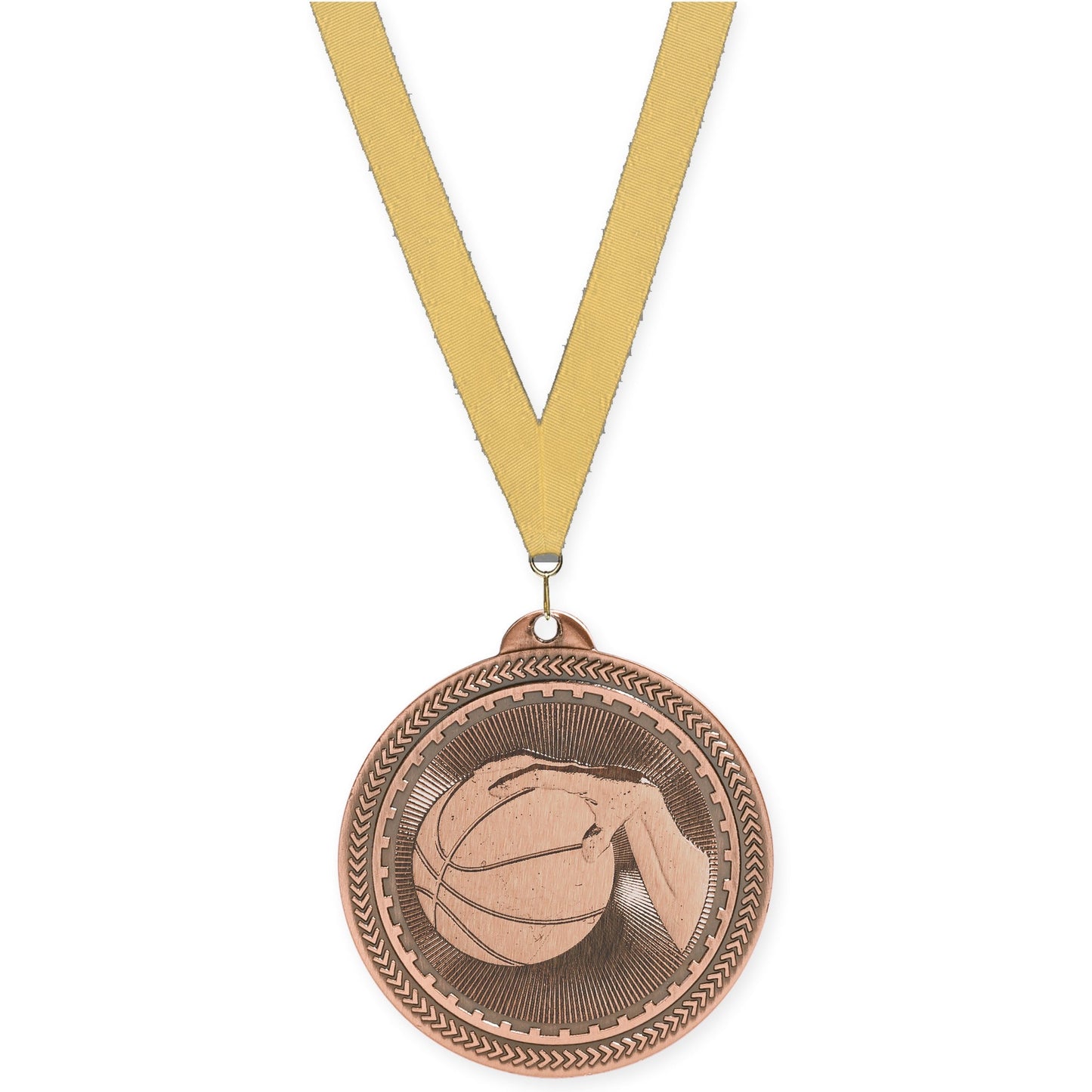 2 inch basketball Sunburst medal in antique bronze with Gold Metallic neck ribbon