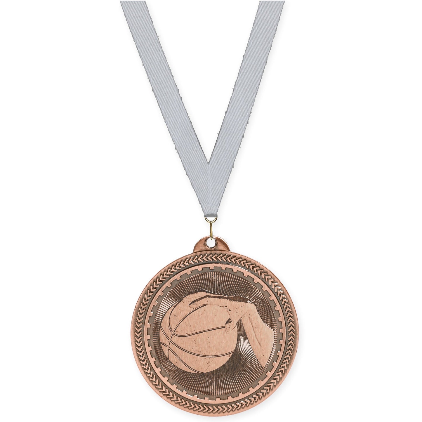 2 inch basketball Sunburst medal in antique bronze with Silver Metallic neck ribbon