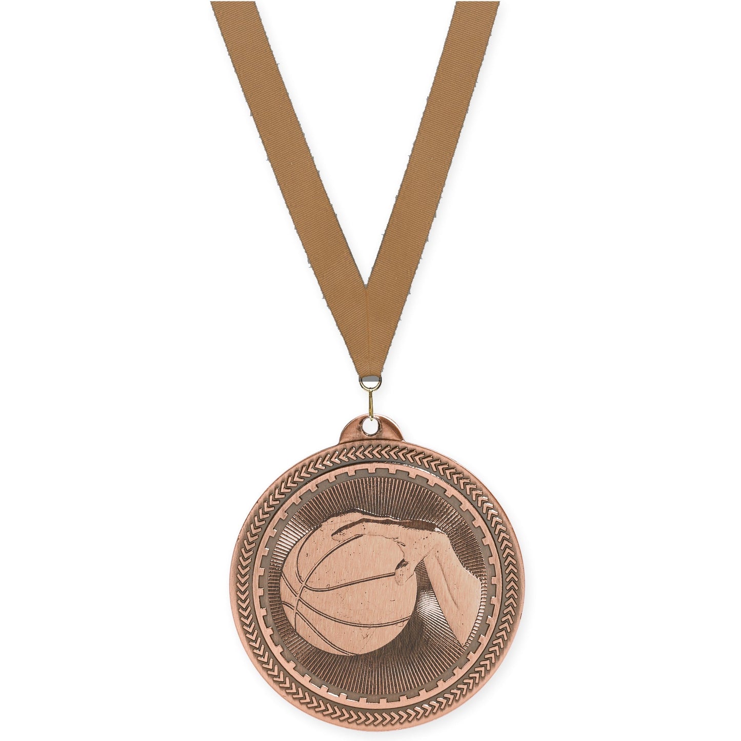 2 inch basketball Sunburst medal in antique bronze with Bronze Metallic neck ribbon