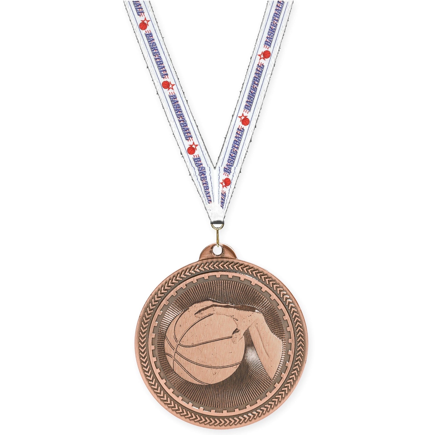 2 inch basketball Sunburst medal in antique bronze with Basketball neck ribbon