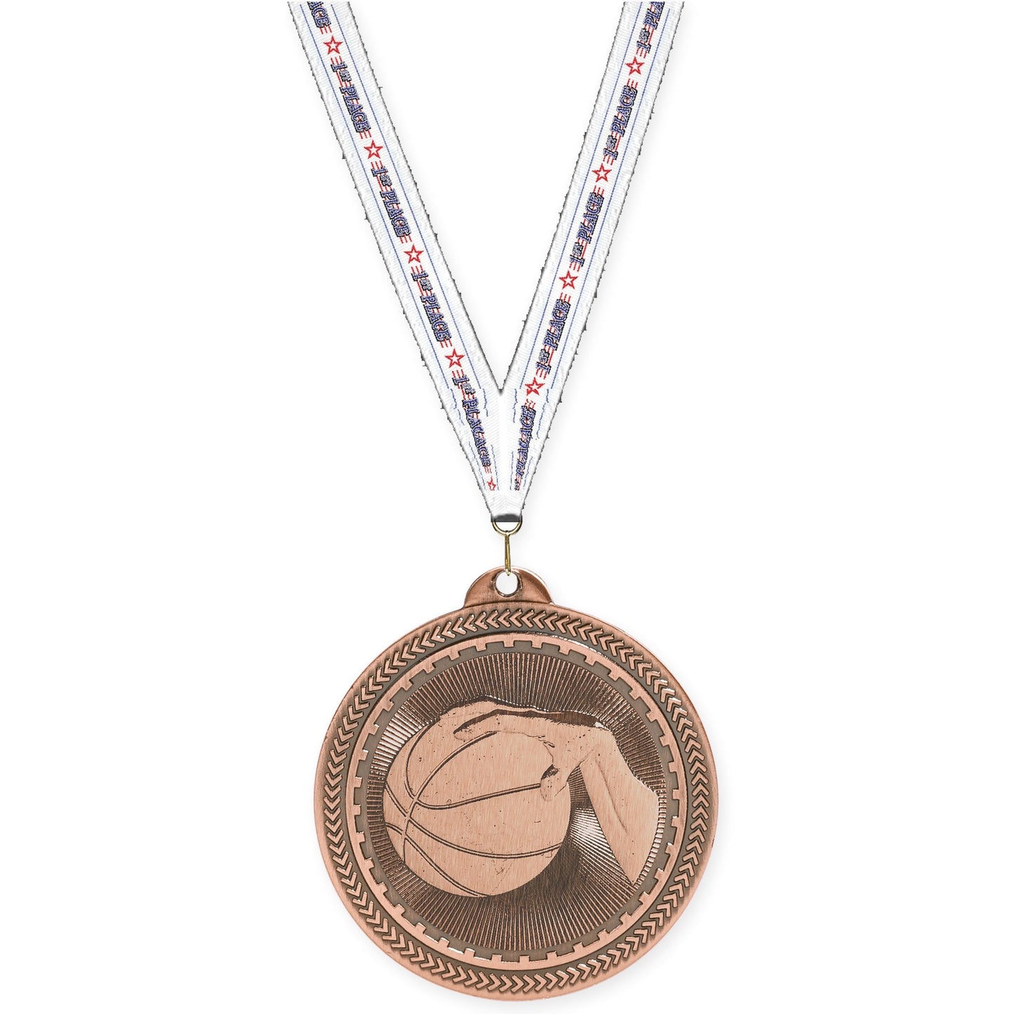2 inch basketball Sunburst medal in antique bronze with 1st Place neck ribbon