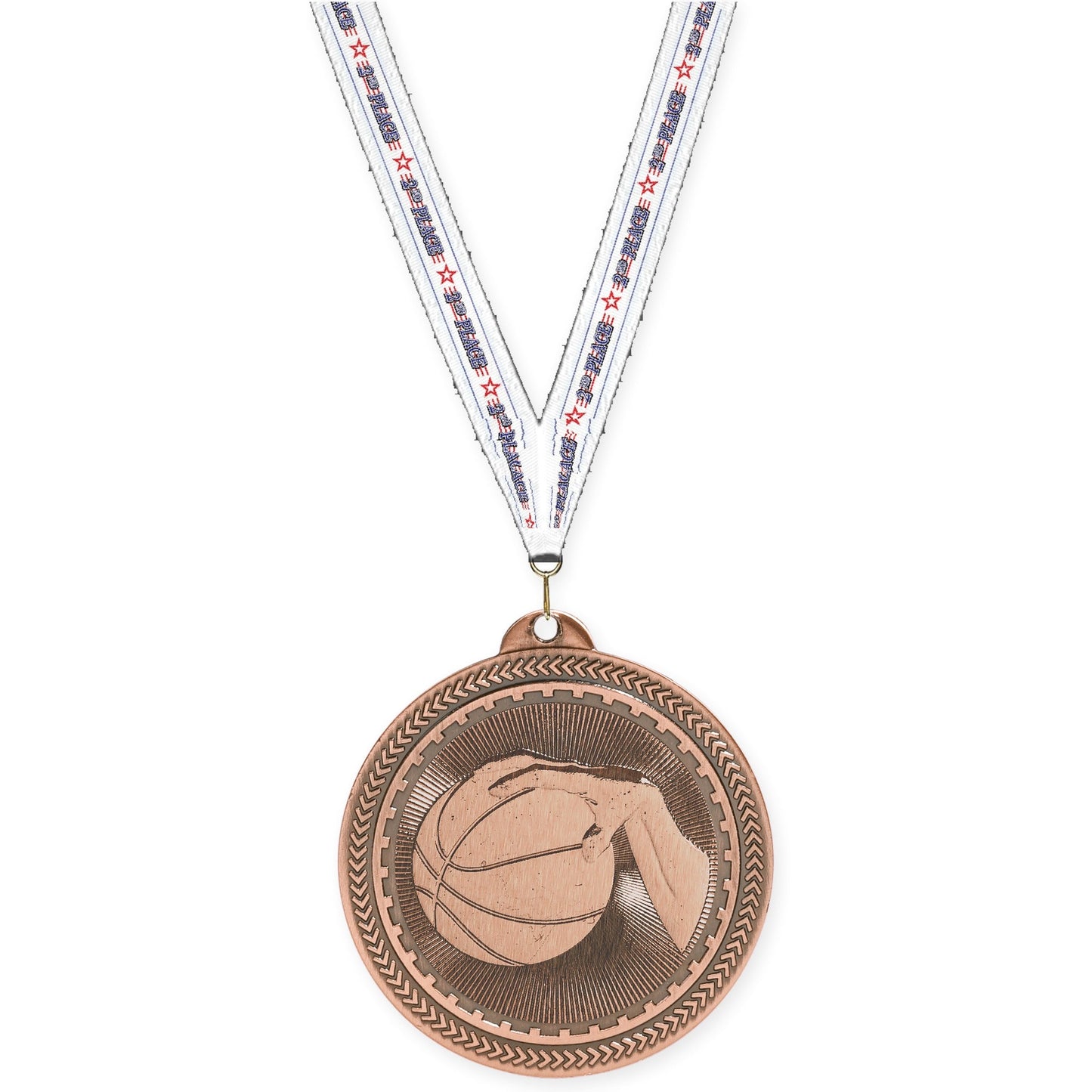 2 inch basketball Sunburst medal in antique bronze with 2nd Place neck ribbon