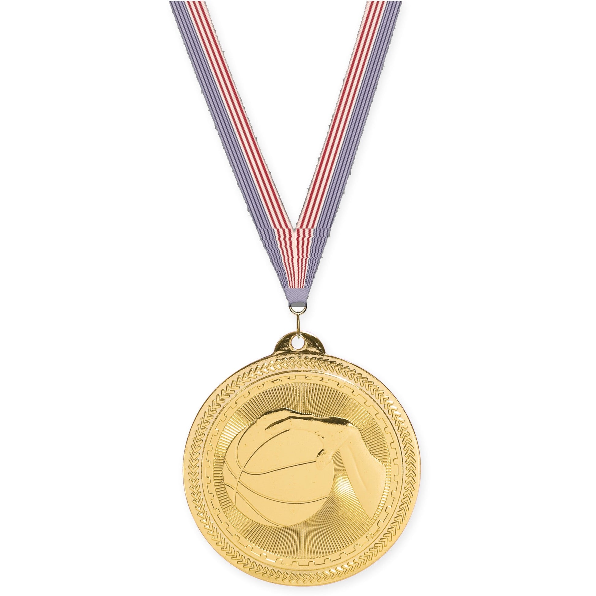 2 inch basketball Sunburst medal in bright gold with USA Flag neck ribbon