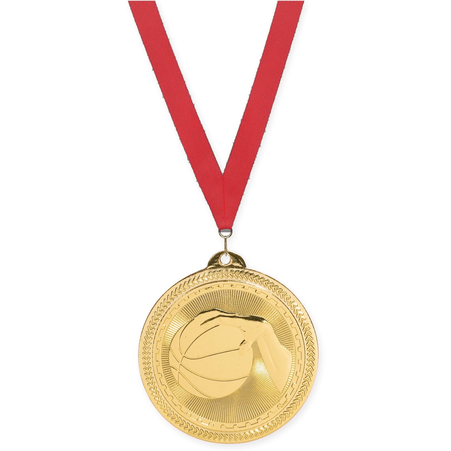 2 inch basketball Sunburst medal in bright gold with Red neck ribbon