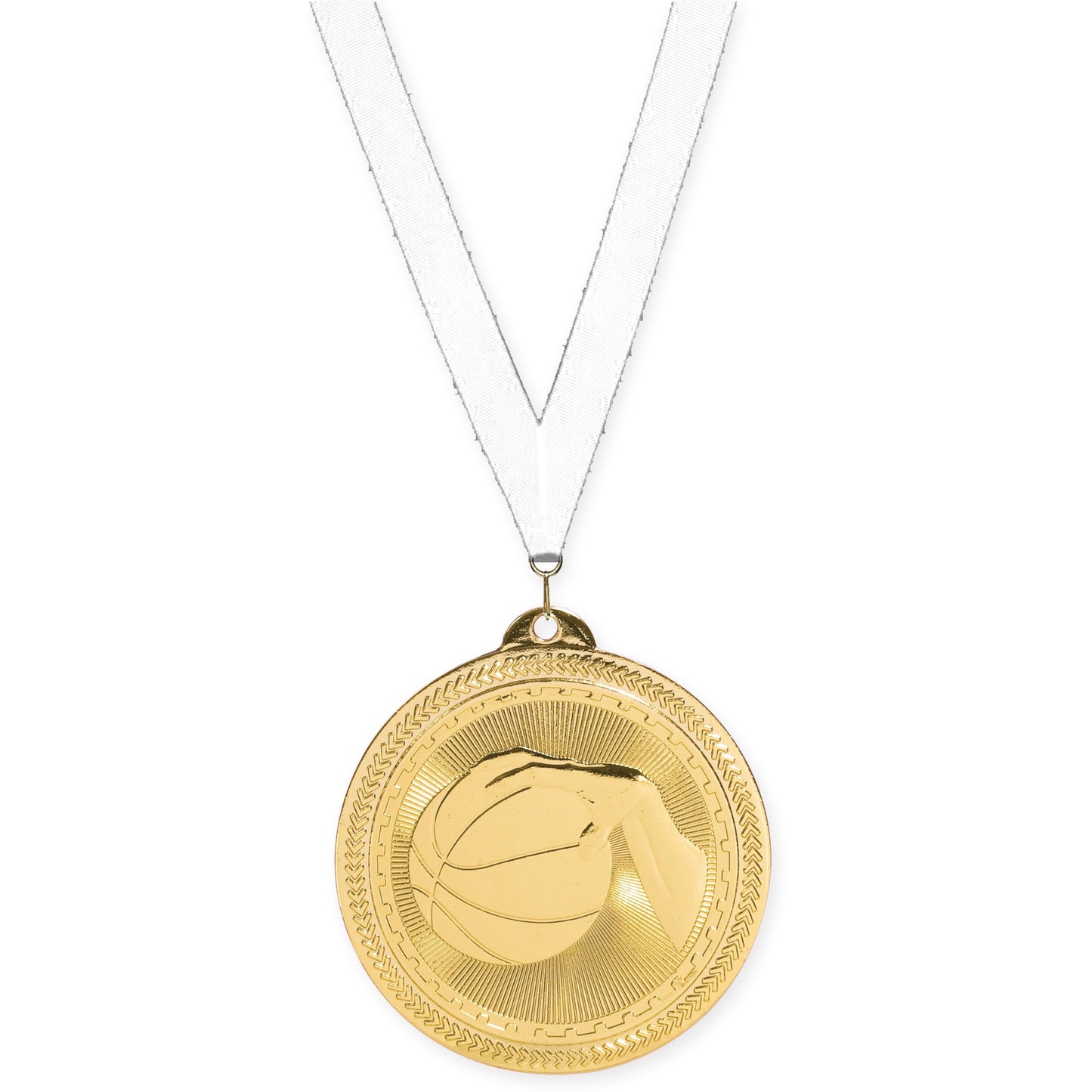 2 inch basketball Sunburst medal in bright gold with White neck ribbon