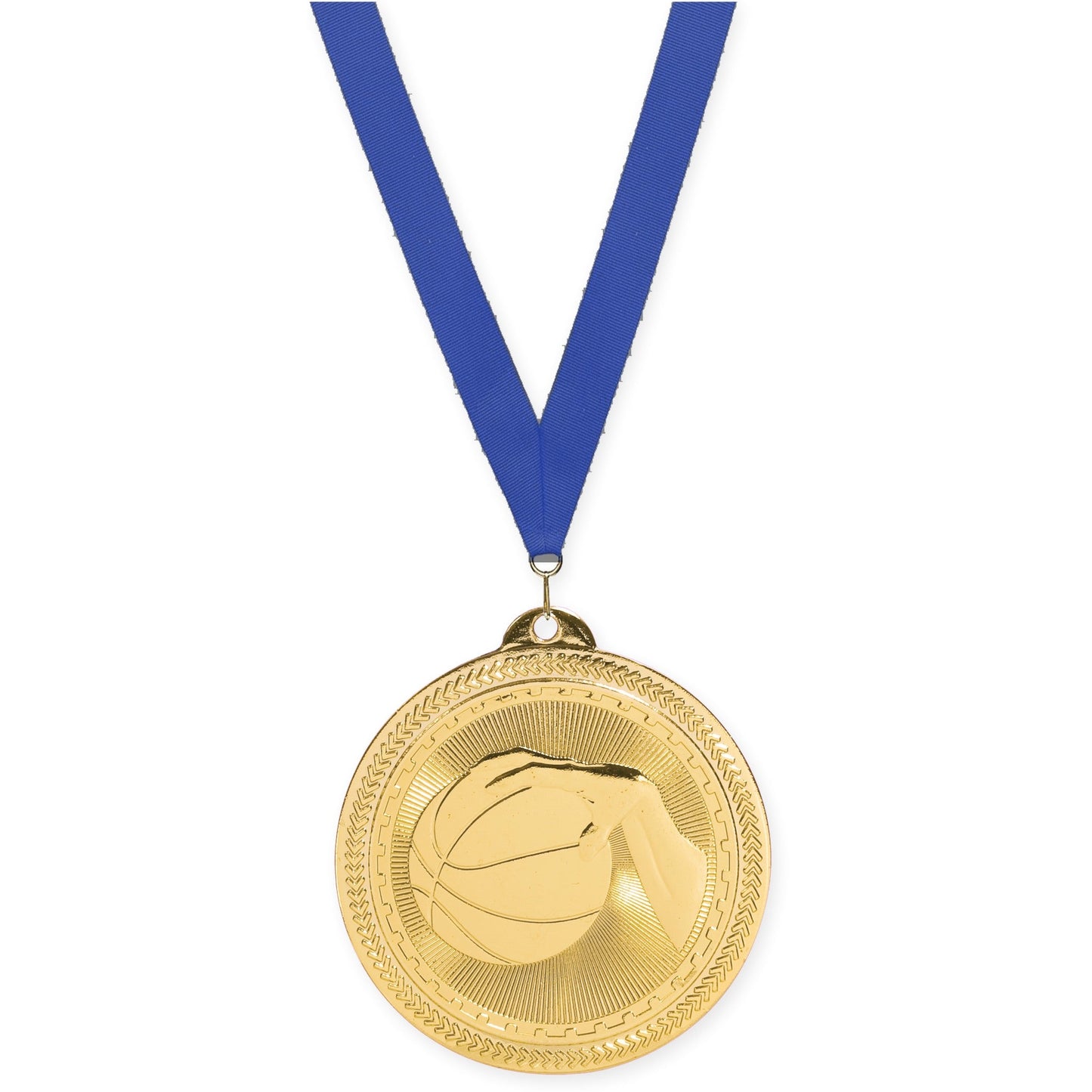 2 inch basketball Sunburst medal in bright gold with Blue neck ribbon