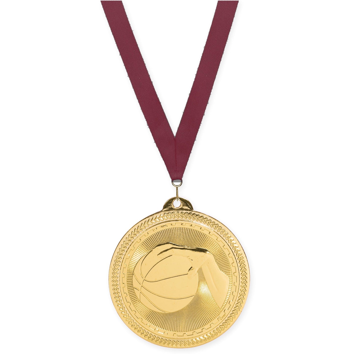 2 inch basketball Sunburst medal in bright gold with Maroon neck ribbon
