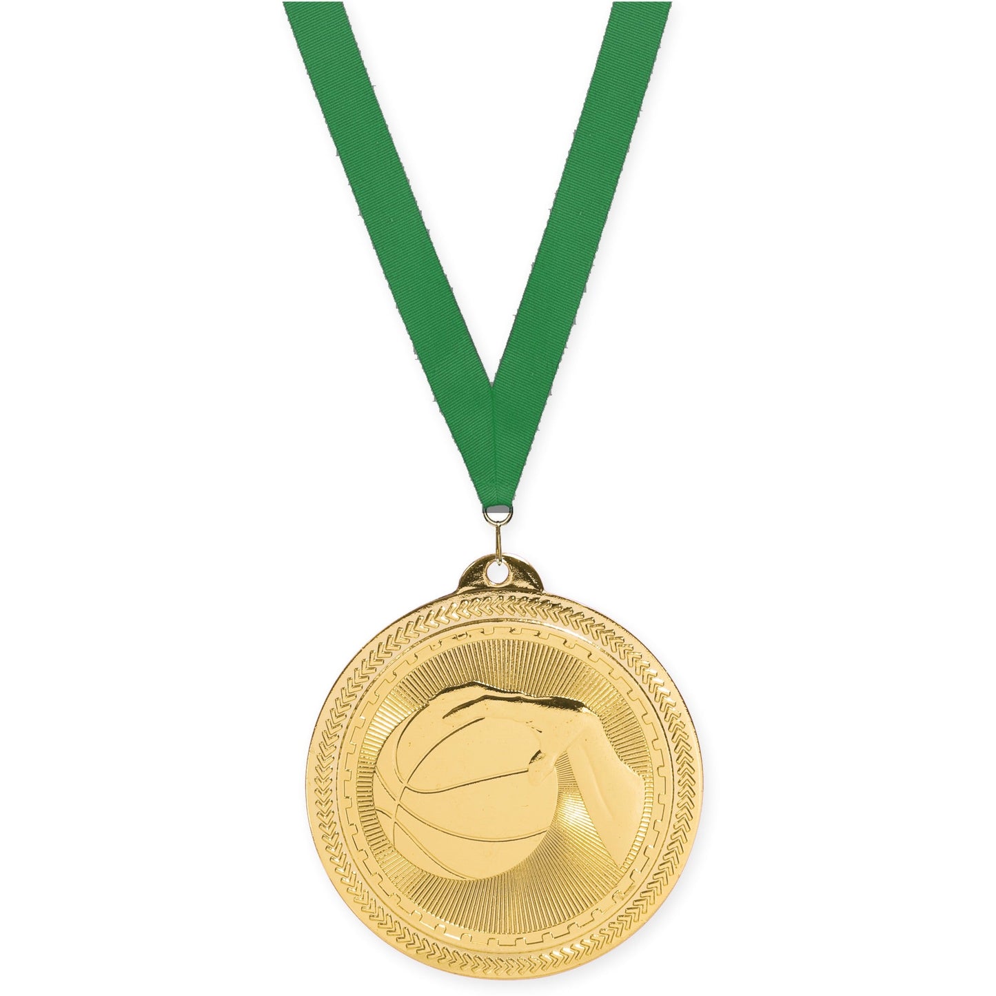 2 inch basketball Sunburst medal in bright gold with Green neck ribbon