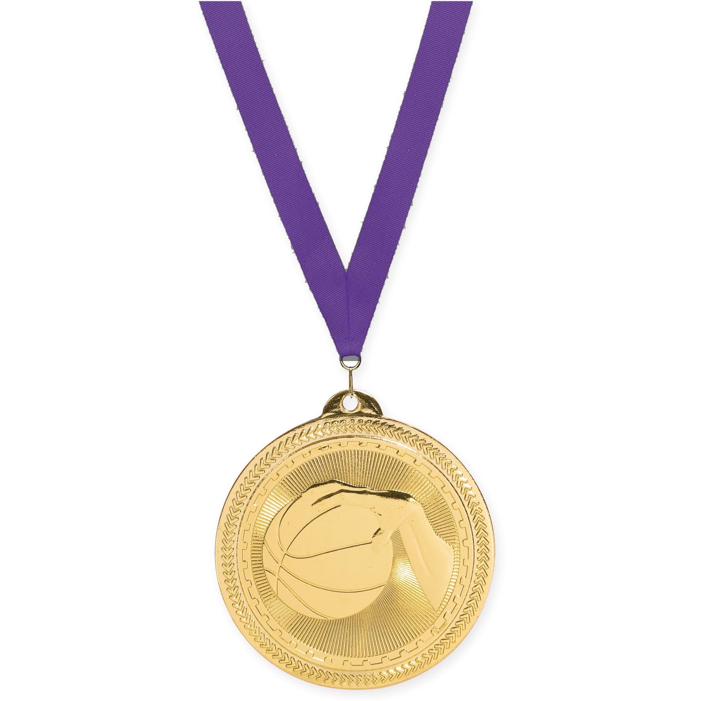 2 inch basketball Sunburst medal in bright gold with Purple neck ribbon