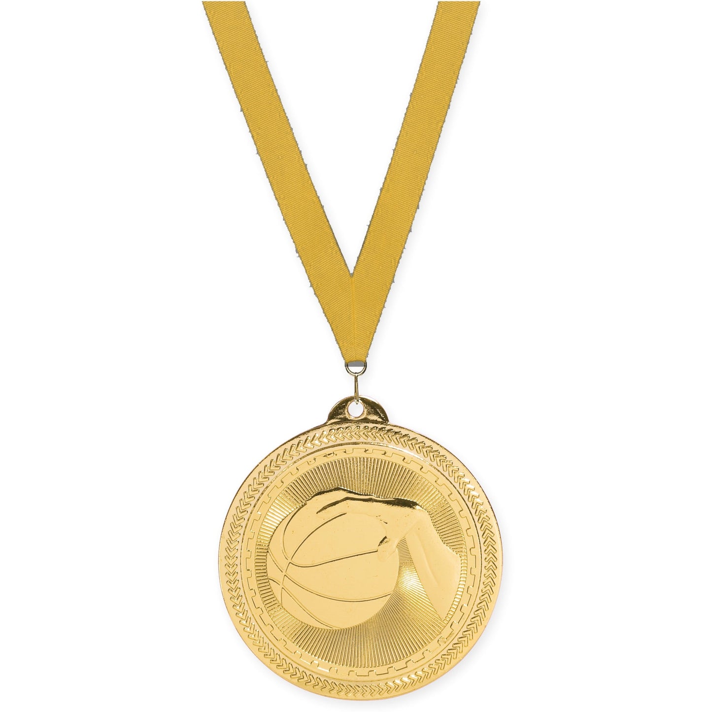 2 inch basketball Sunburst medal in bright gold with Gold neck ribbon