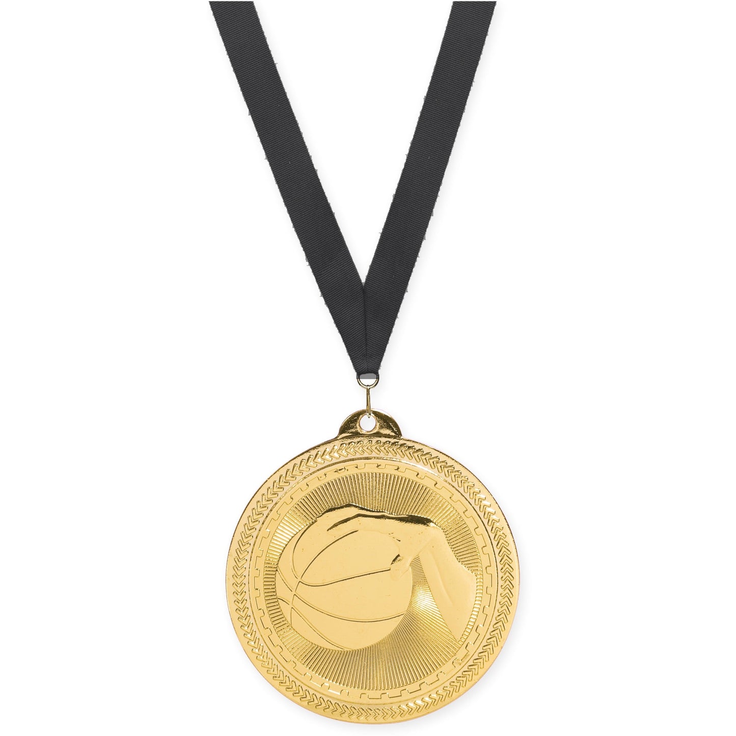 2 inch basketball Sunburst medal in bright gold with Black neck ribbon