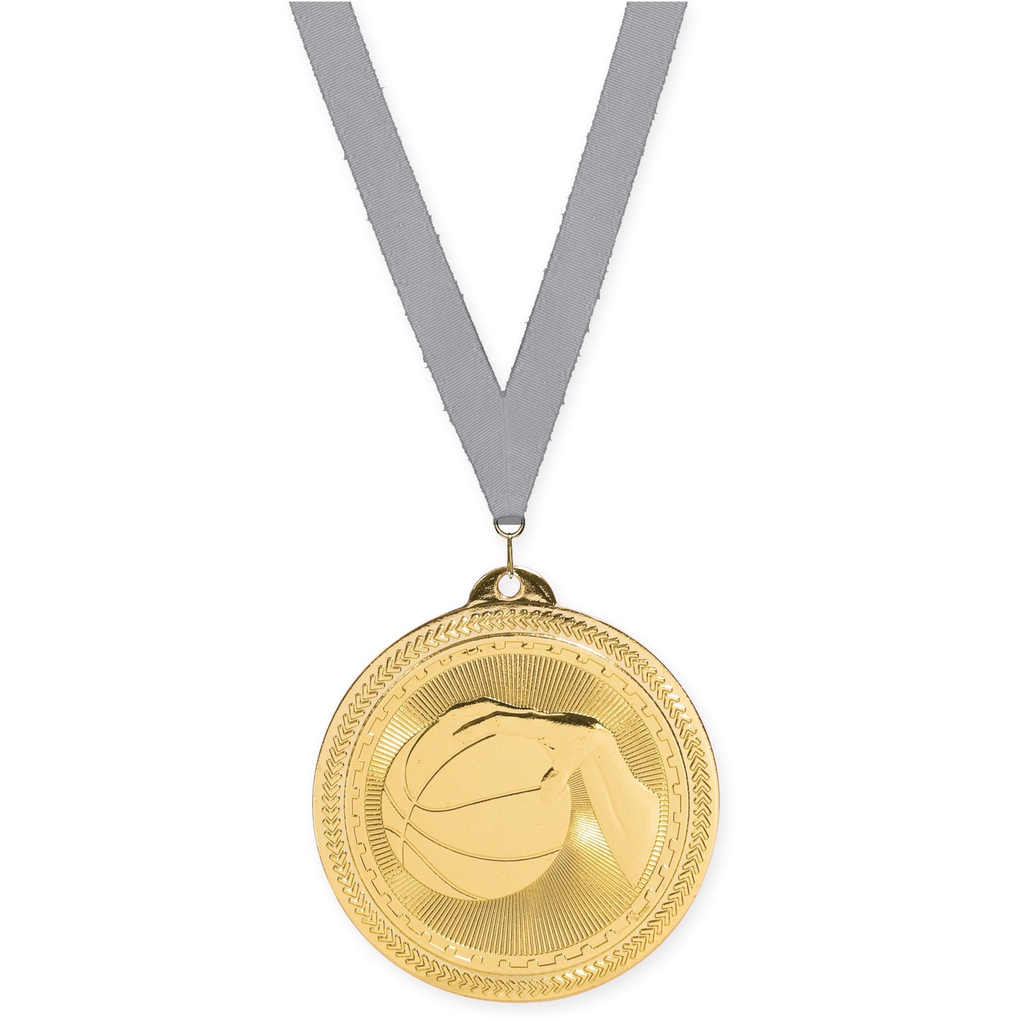 2 inch basketball Sunburst medal in bright gold with Gray neck ribbon