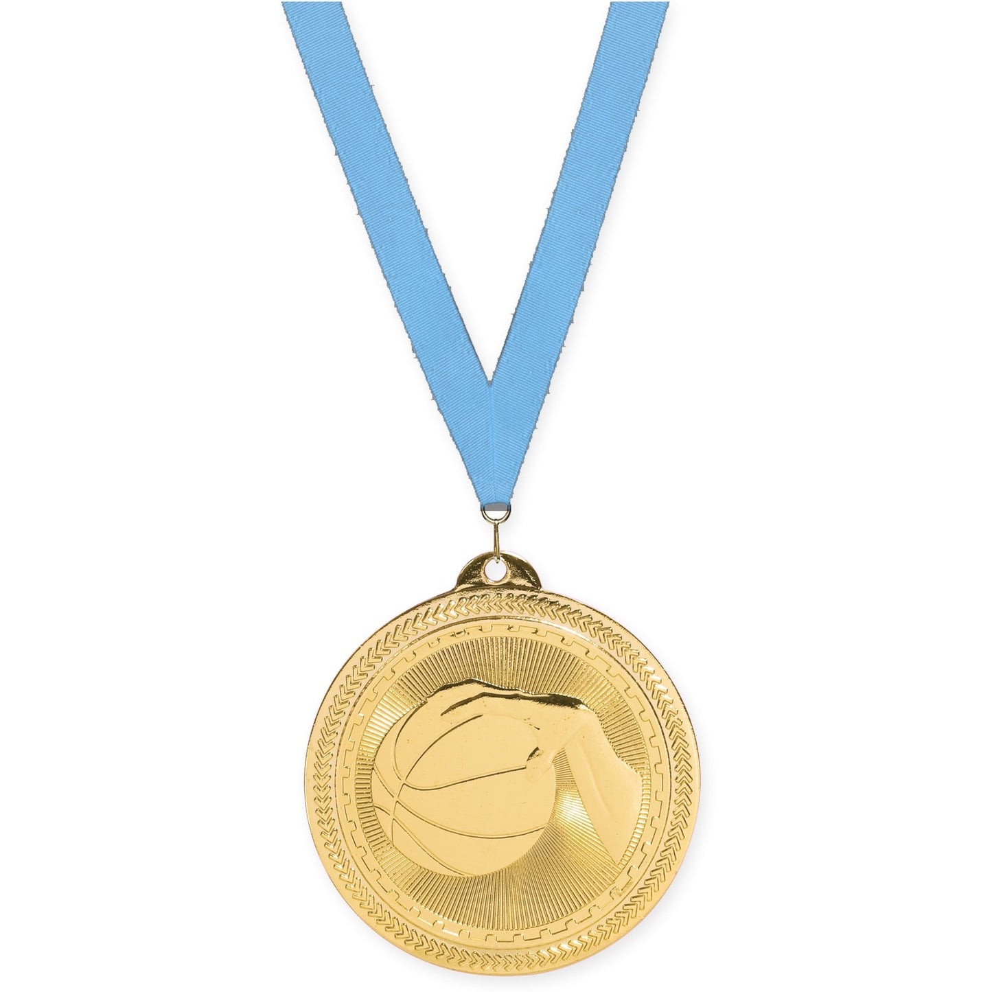 2 inch basketball Sunburst medal in bright gold with Light Blue neck ribbon