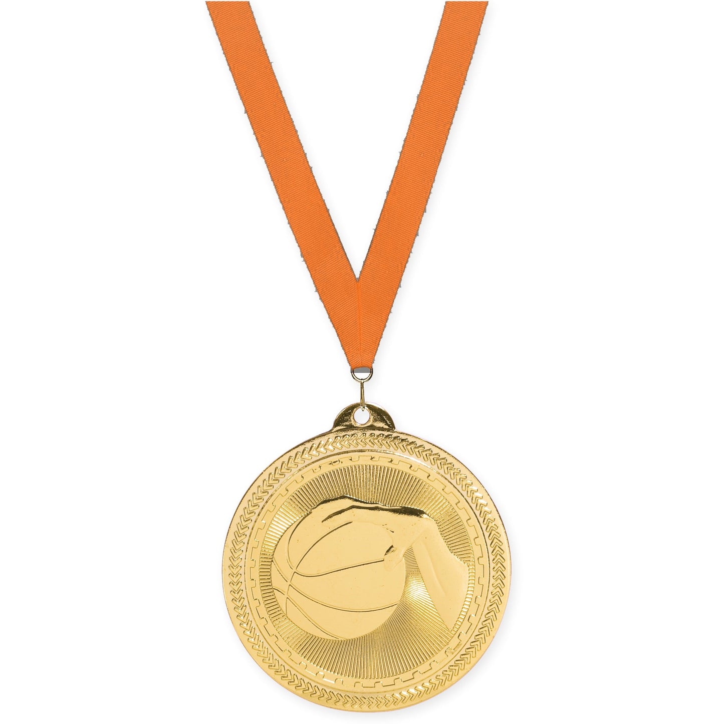 2 inch basketball Sunburst medal in bright gold with Orange neck ribbon