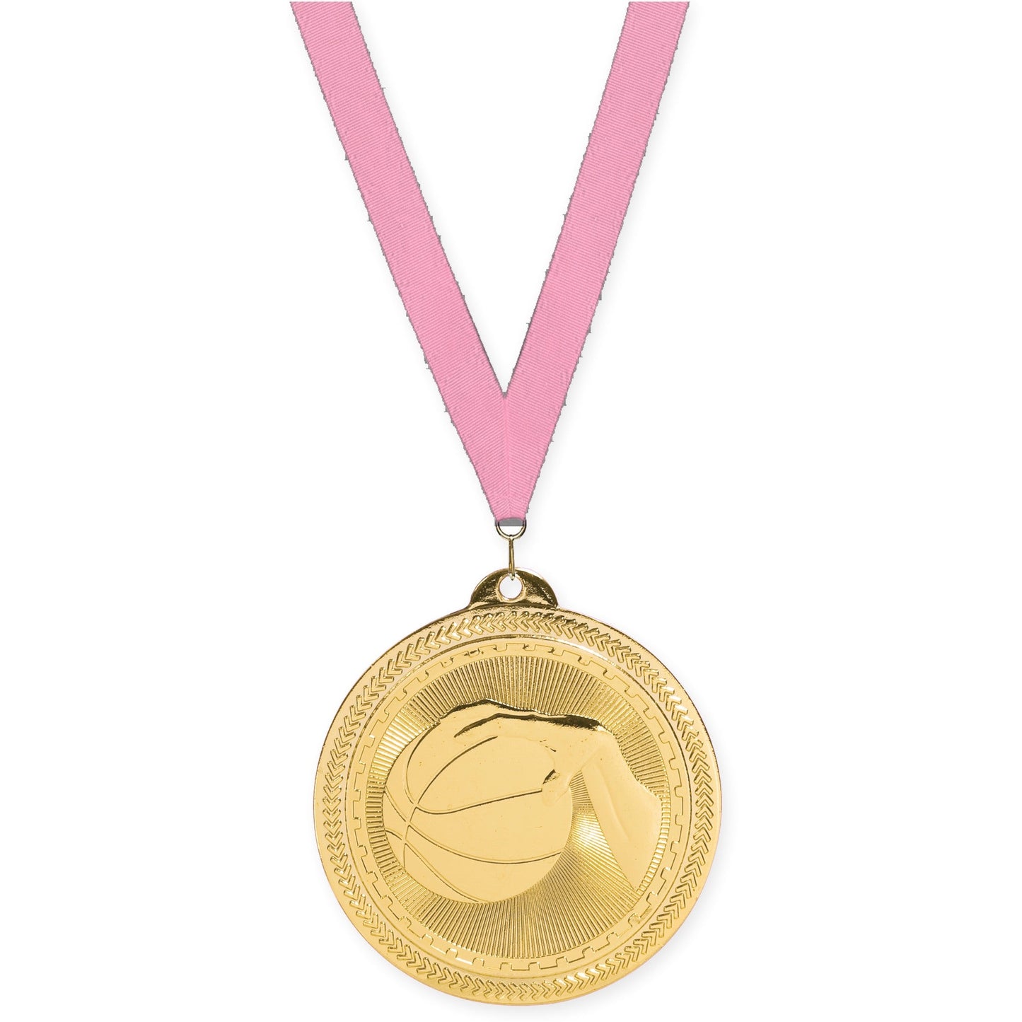 2 inch basketball Sunburst medal in bright gold with Pink neck ribbon