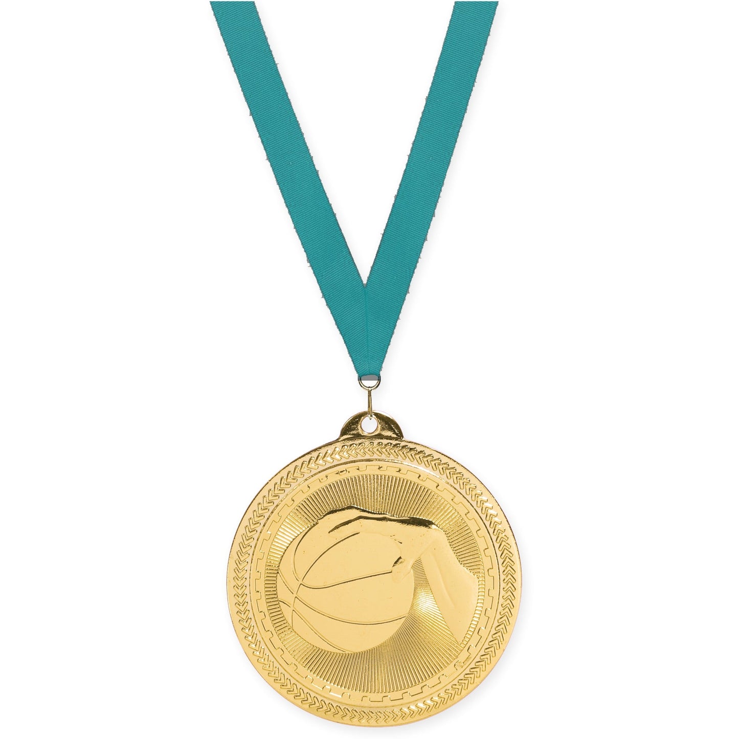 2 inch basketball Sunburst medal in bright gold with Teal neck ribbon