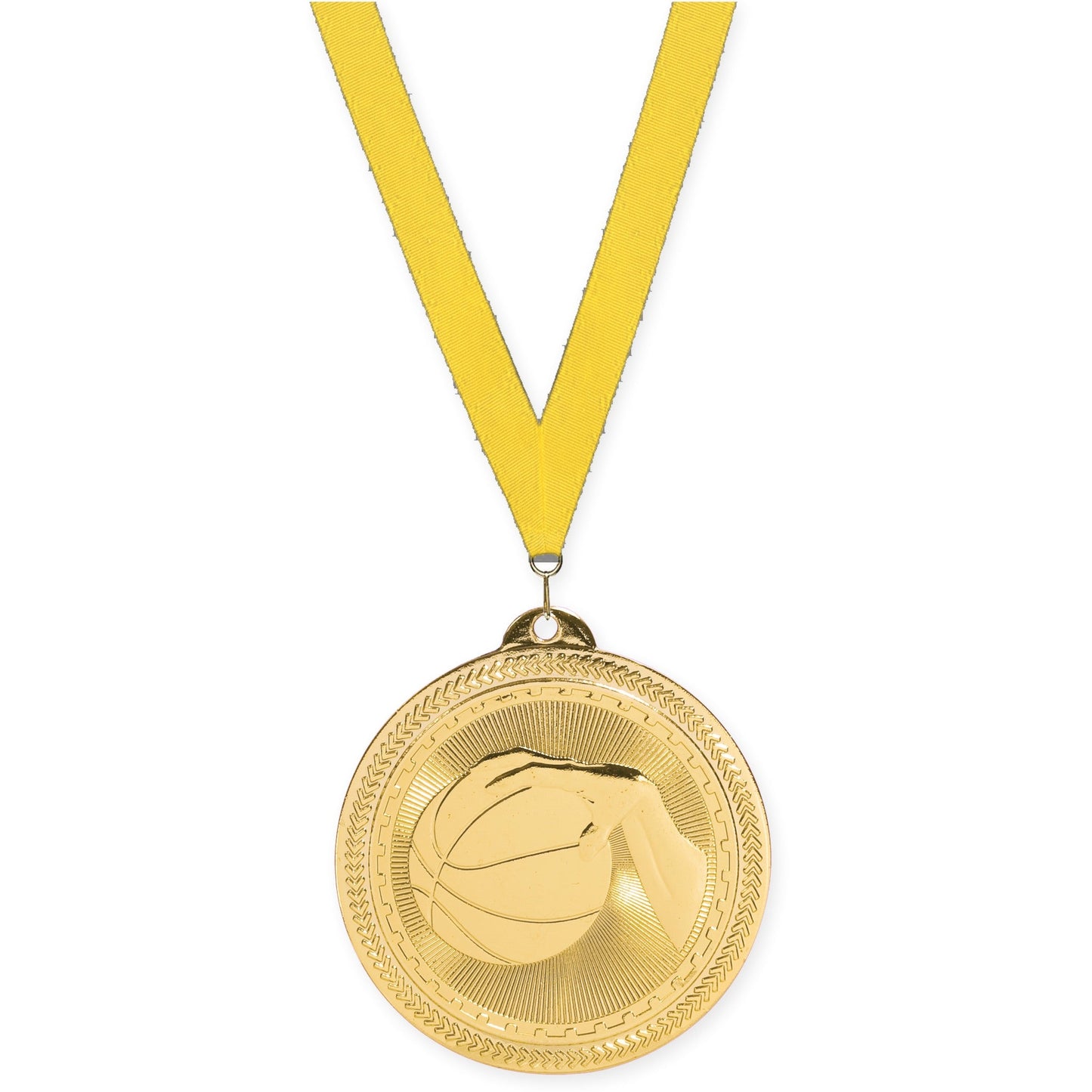 2 inch basketball Sunburst medal in bright gold with Yellow neck ribbon