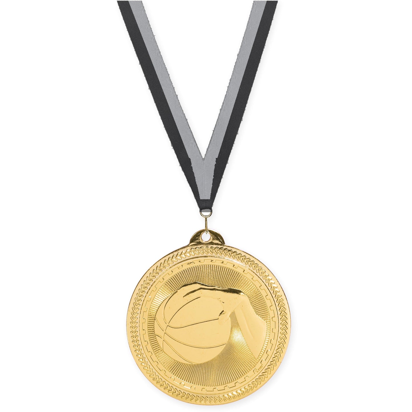 2 inch basketball Sunburst medal in bright gold with Black Gray neck ribbon