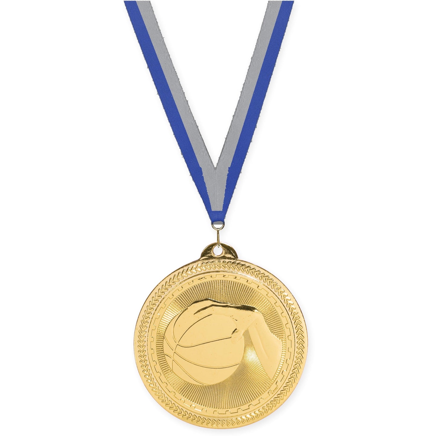 2 inch basketball Sunburst medal in bright gold with Blue Gray neck ribbon