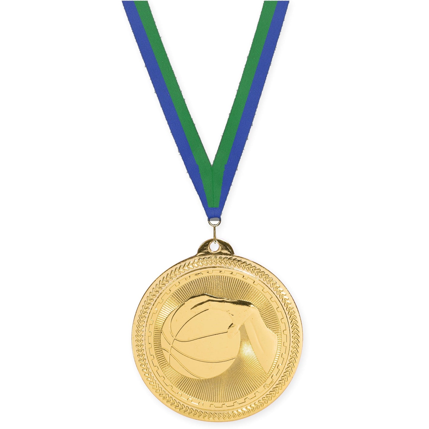 2 inch basketball Sunburst medal in bright gold with Blue Green neck ribbon
