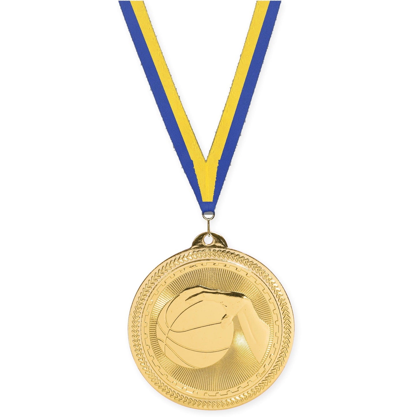 2 inch basketball Sunburst medal in bright gold with Blue Yellow neck ribbon