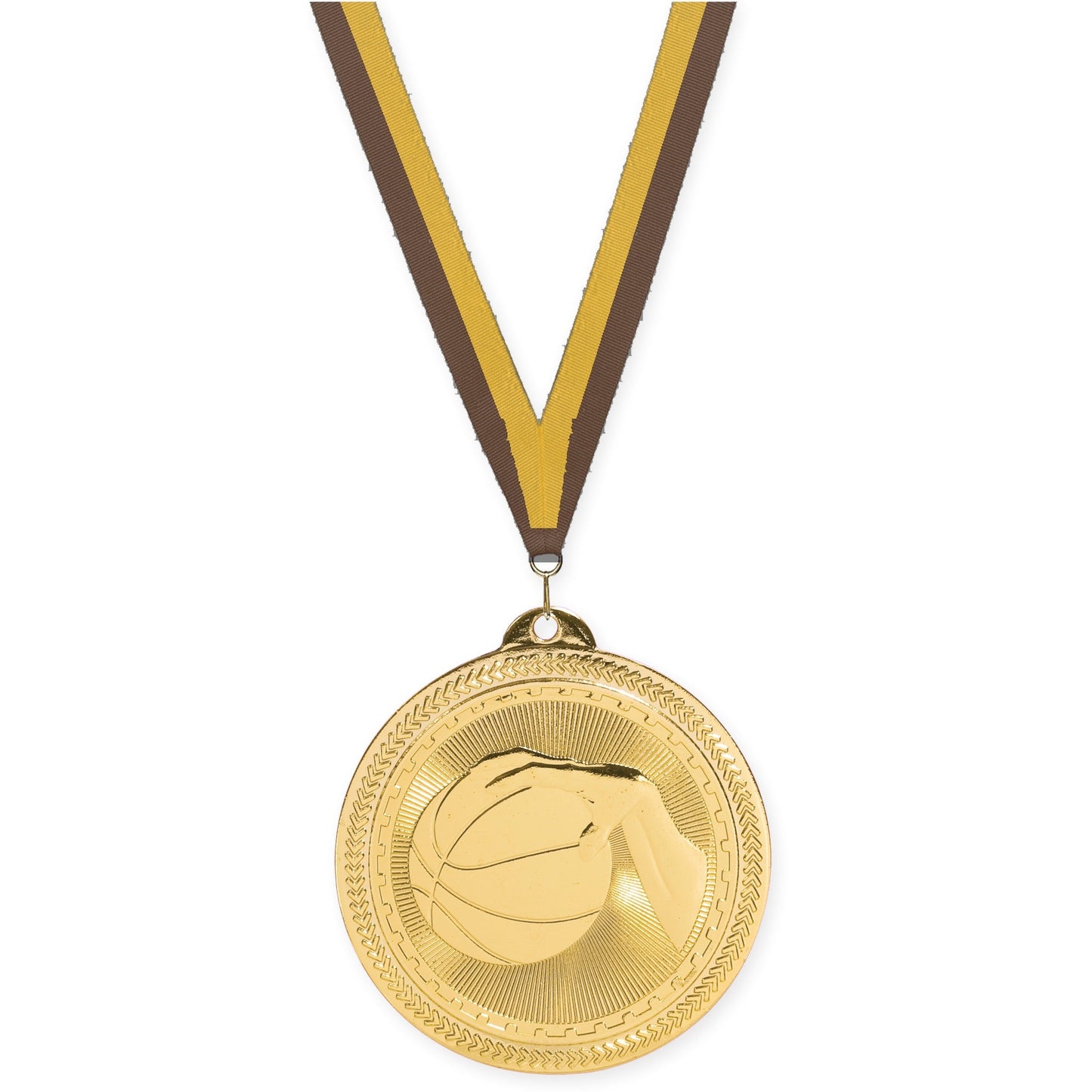 2 inch basketball Sunburst medal in bright gold with Brown Gold neck ribbon