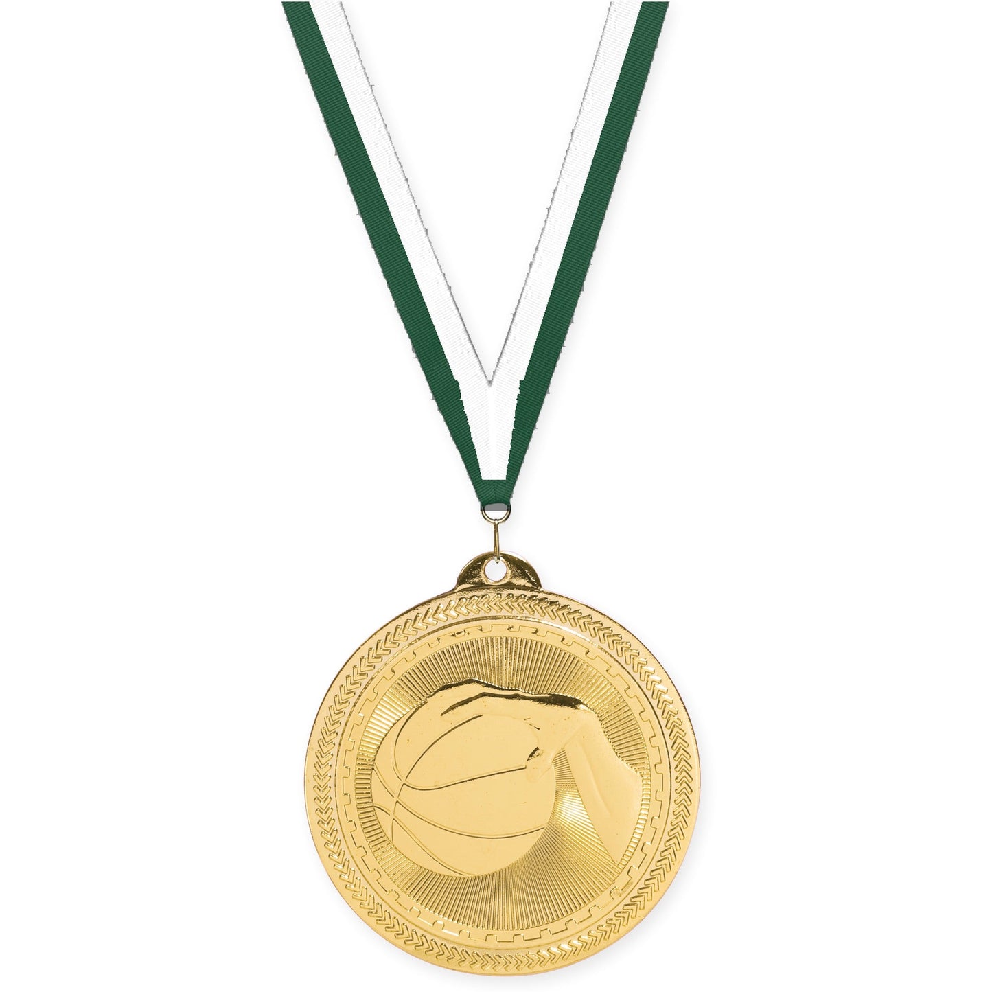 2 inch basketball Sunburst medal in bright gold with Hunter Green White neck ribbon