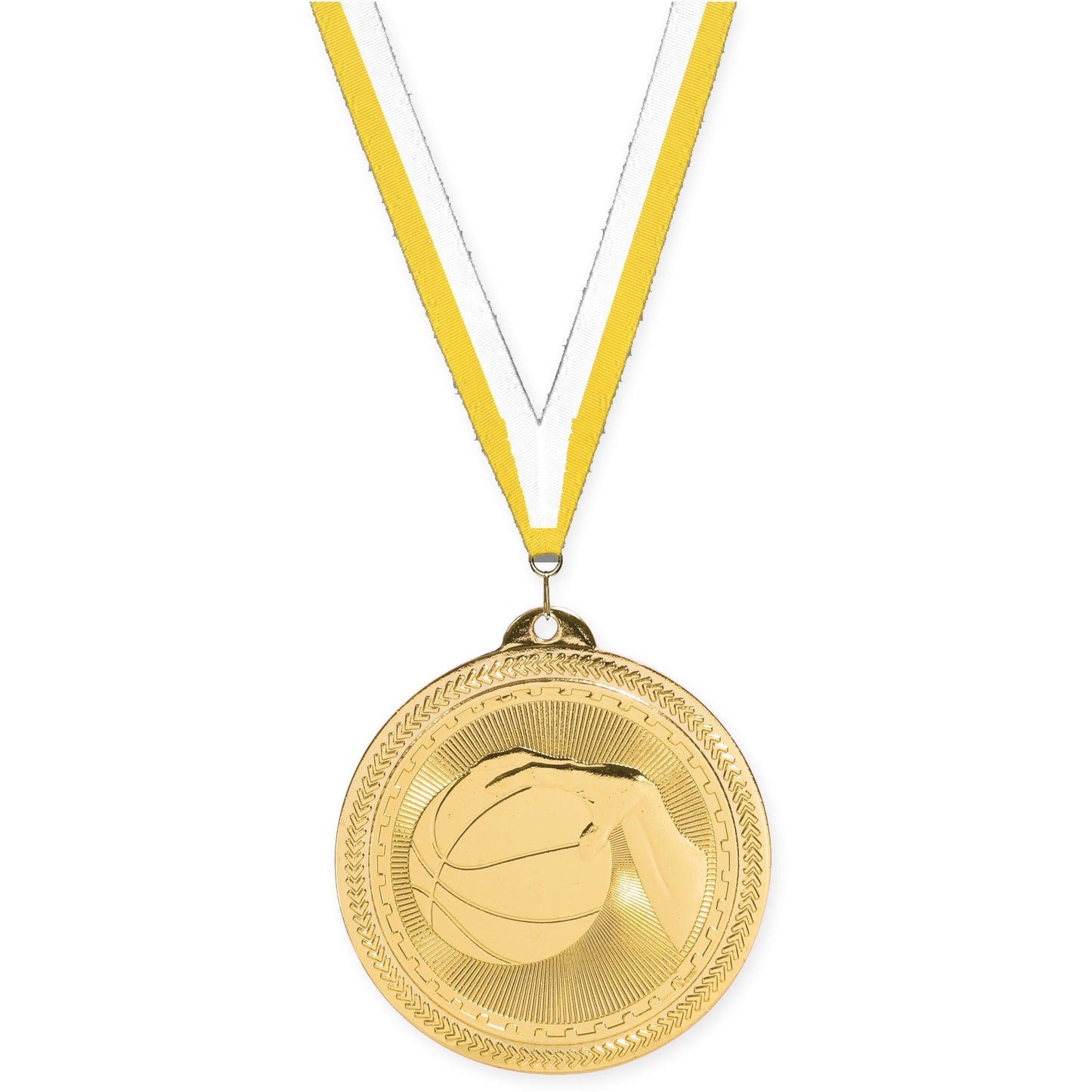 2 inch basketball Sunburst medal in bright gold with Yellow White neck ribbon