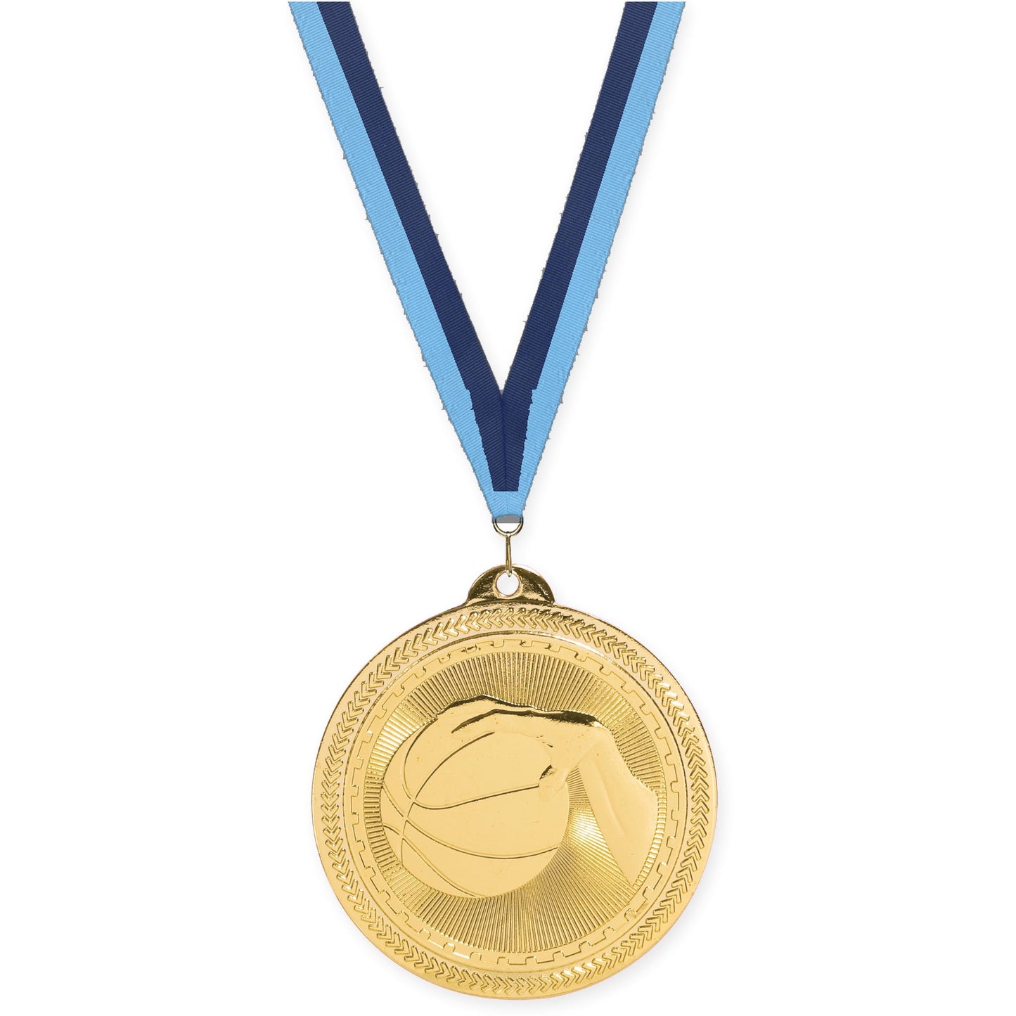 2 inch basketball Sunburst medal in bright gold with Light Blue Navy neck ribbon