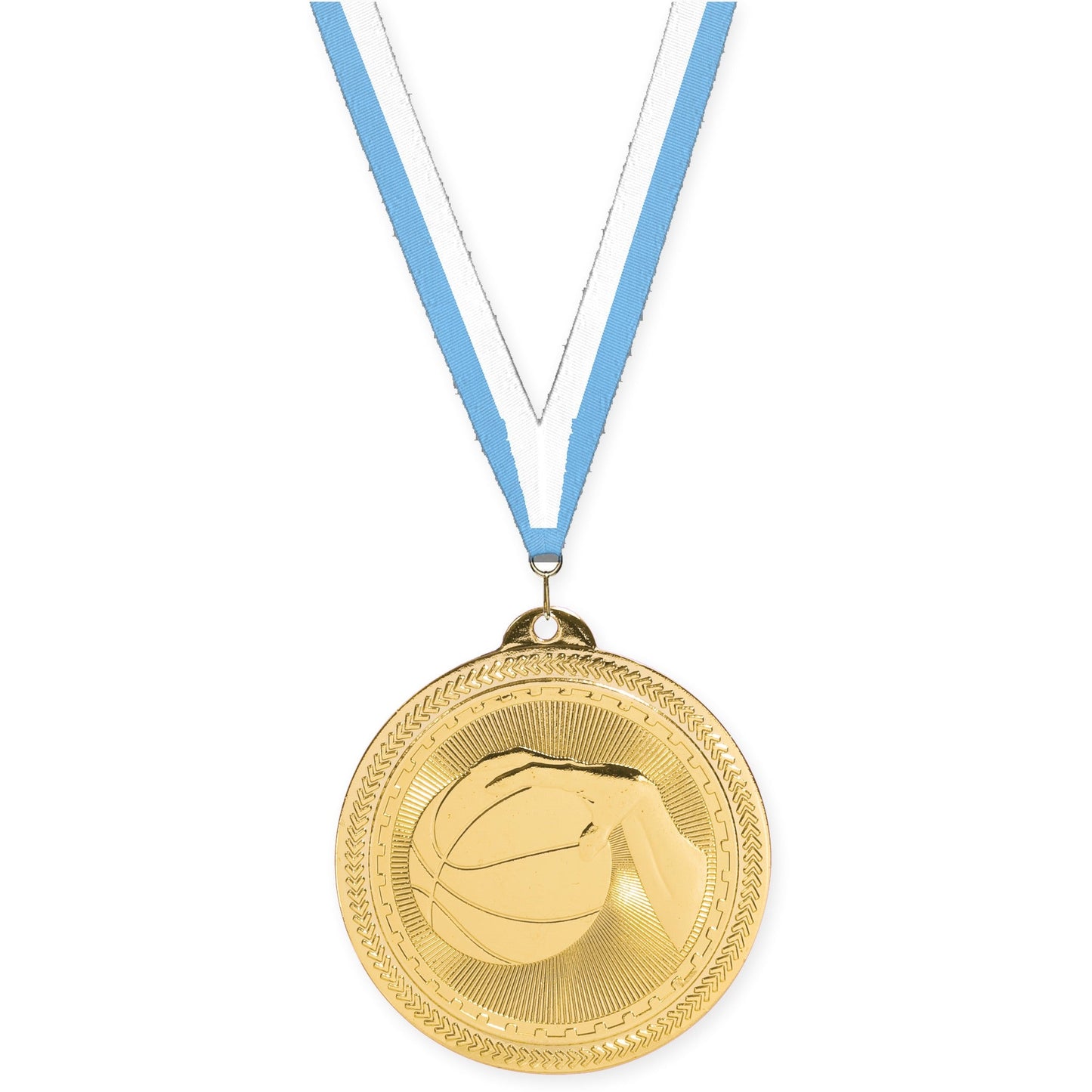 2 inch basketball Sunburst medal in bright gold with Light Blue White neck ribbon