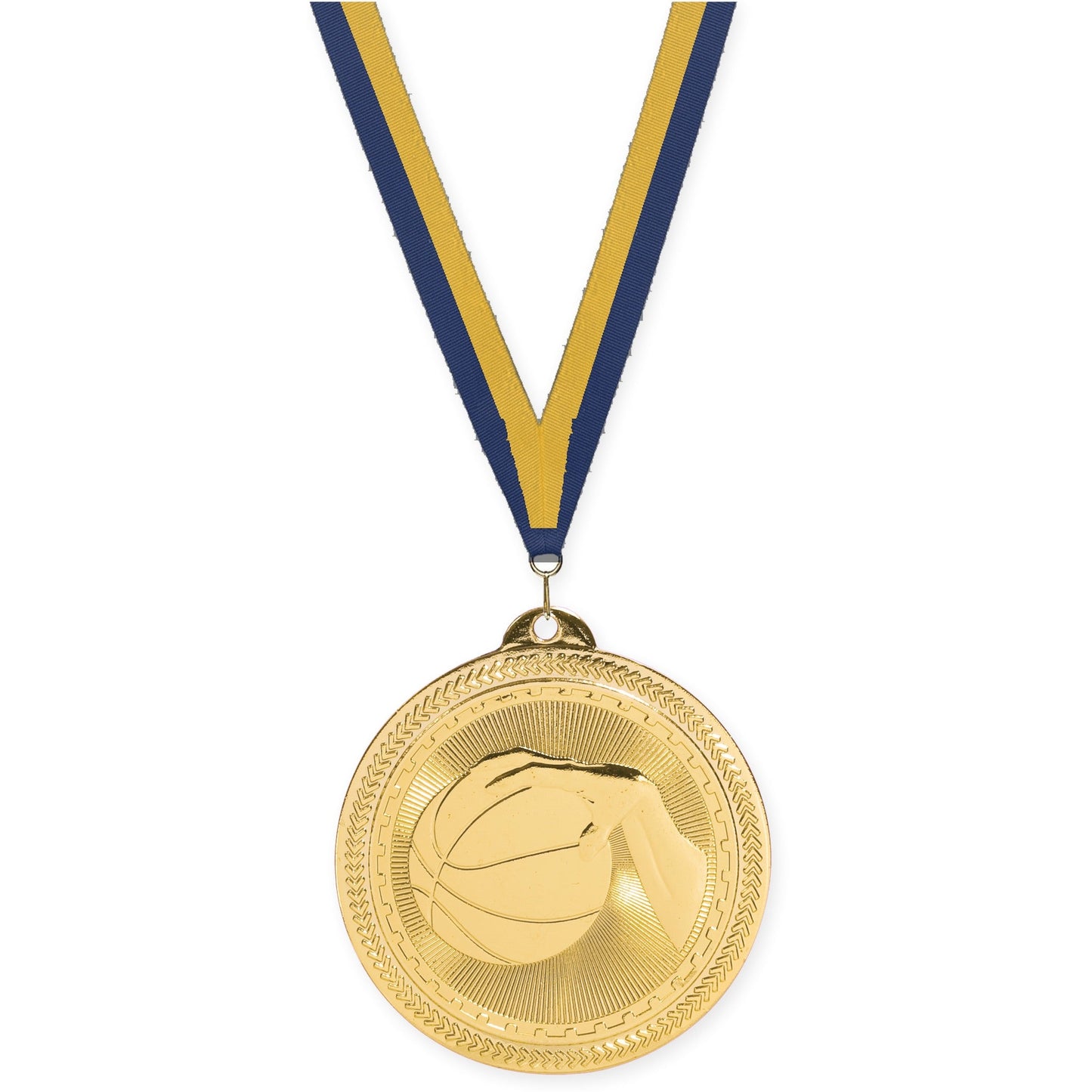 2 inch basketball Sunburst medal in bright gold with Navy Gold neck ribbon