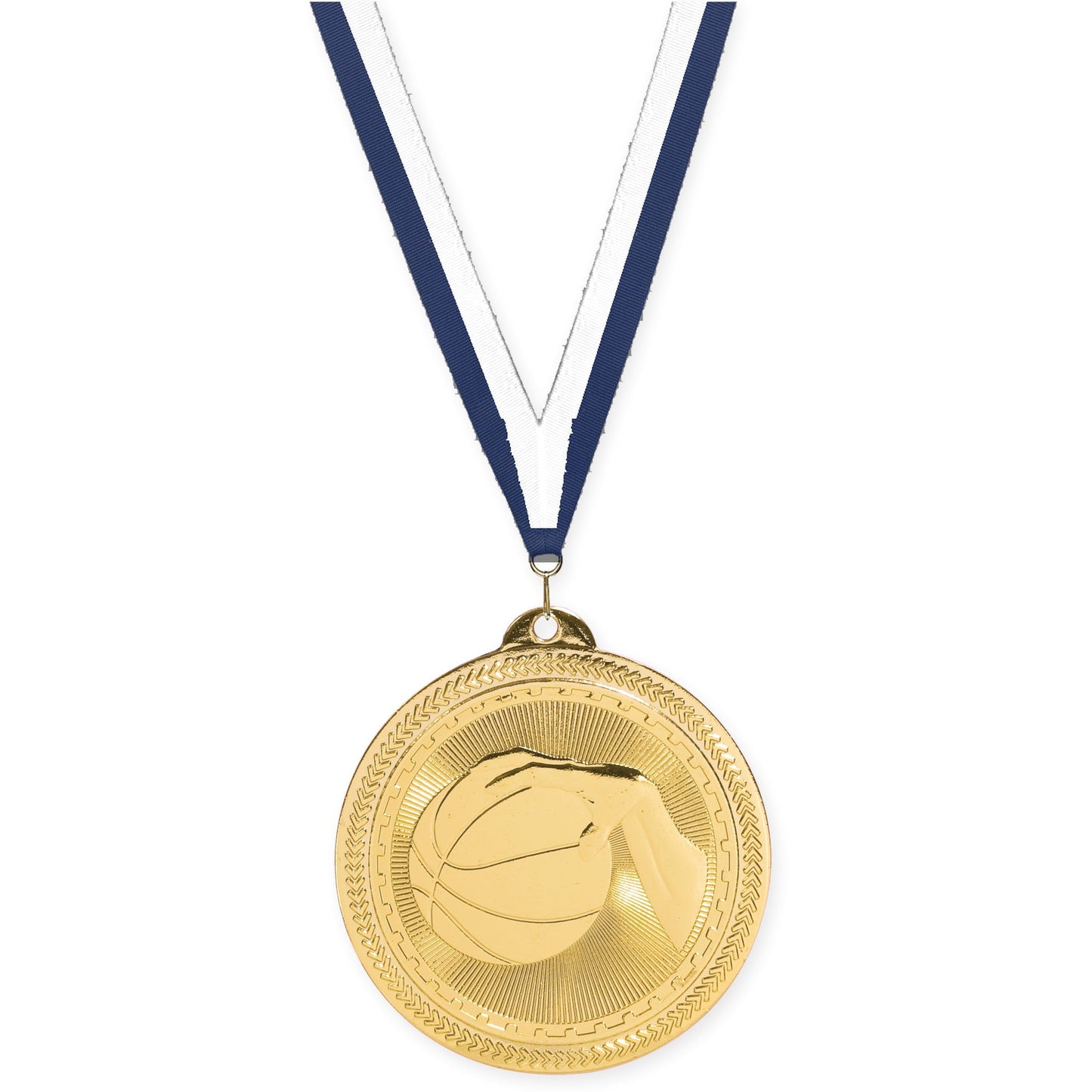 2 inch basketball Sunburst medal in bright gold with Navy White neck ribbon