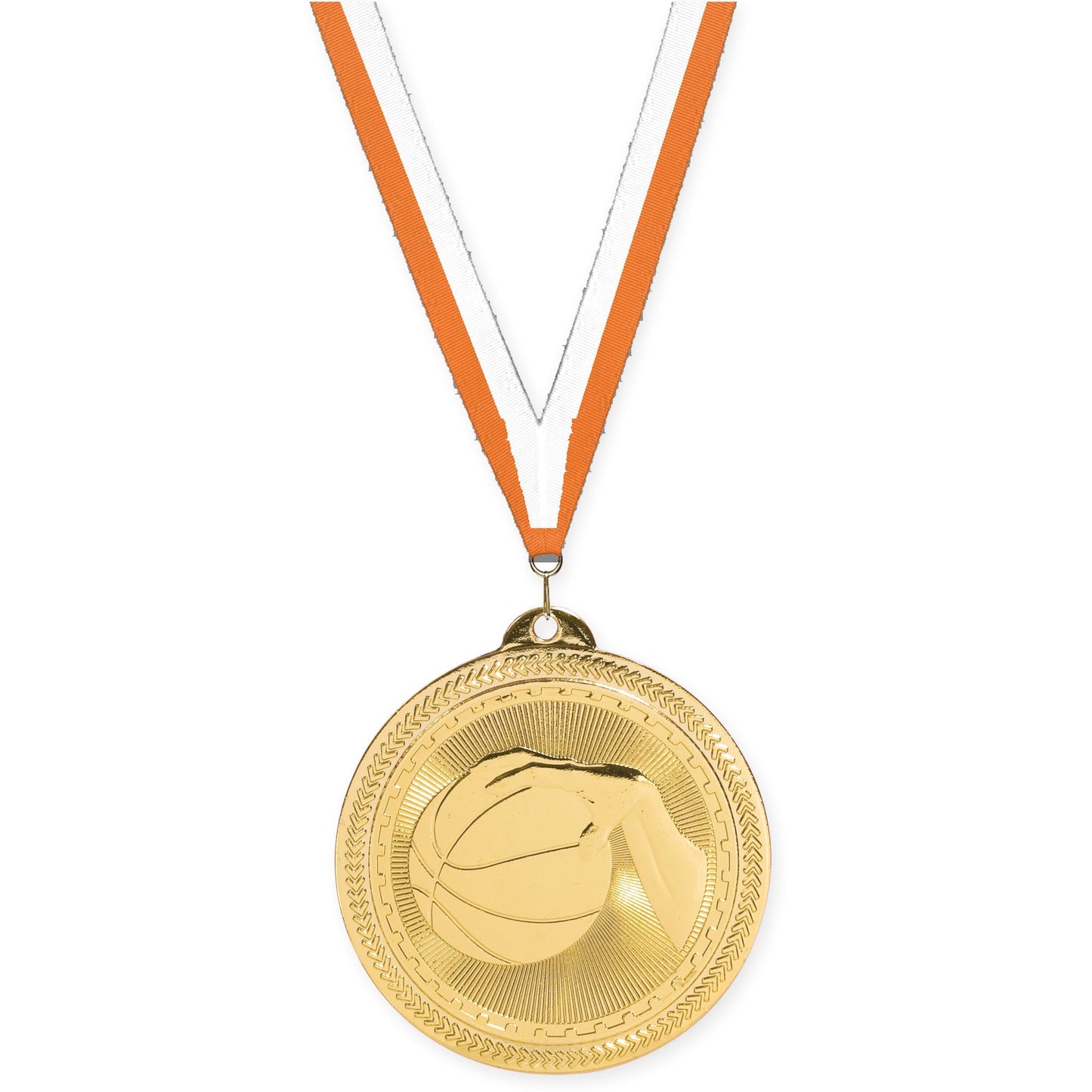 2 inch basketball Sunburst medal in bright gold with Orange White neck ribbon