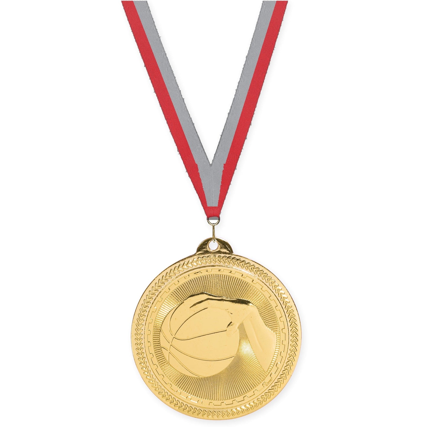 2 inch basketball Sunburst medal in bright gold with Red Gray neck ribbon