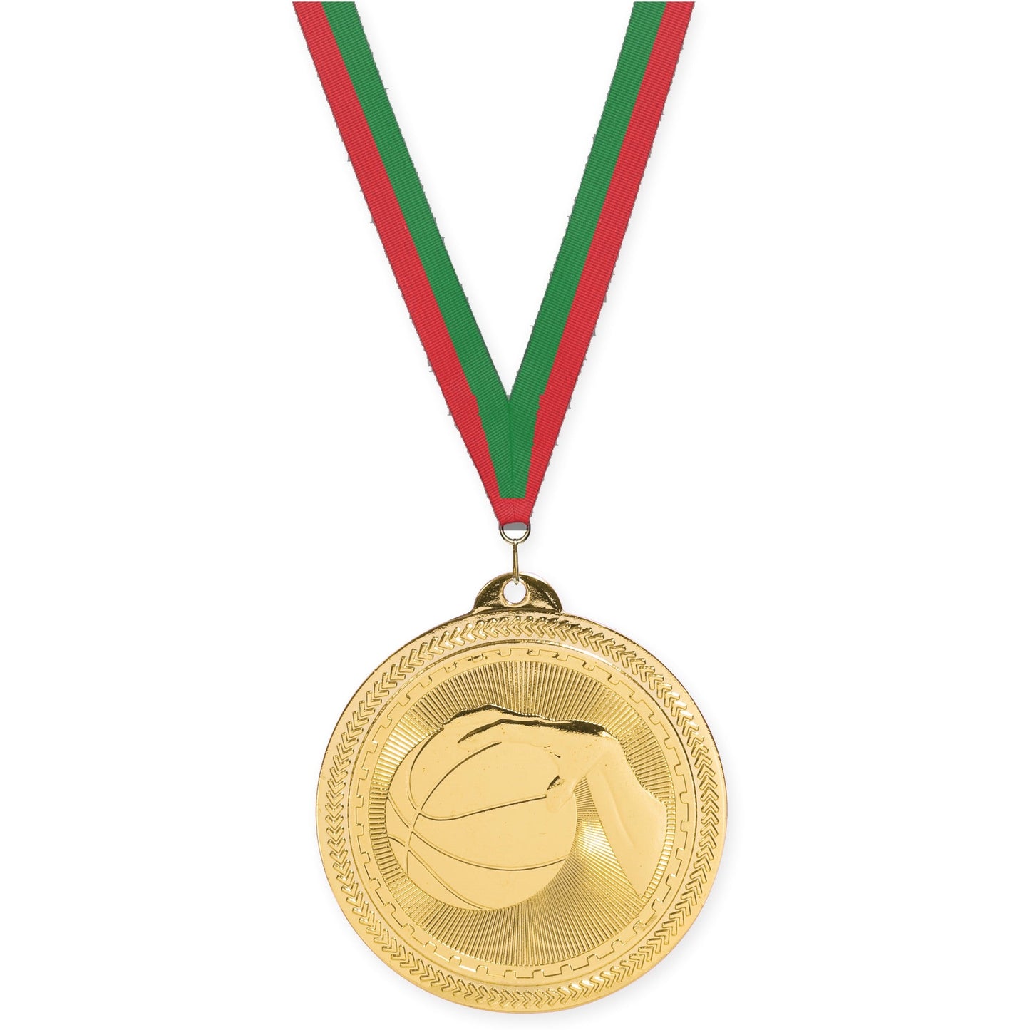 2 inch basketball Sunburst medal in bright gold with Red Green neck ribbon