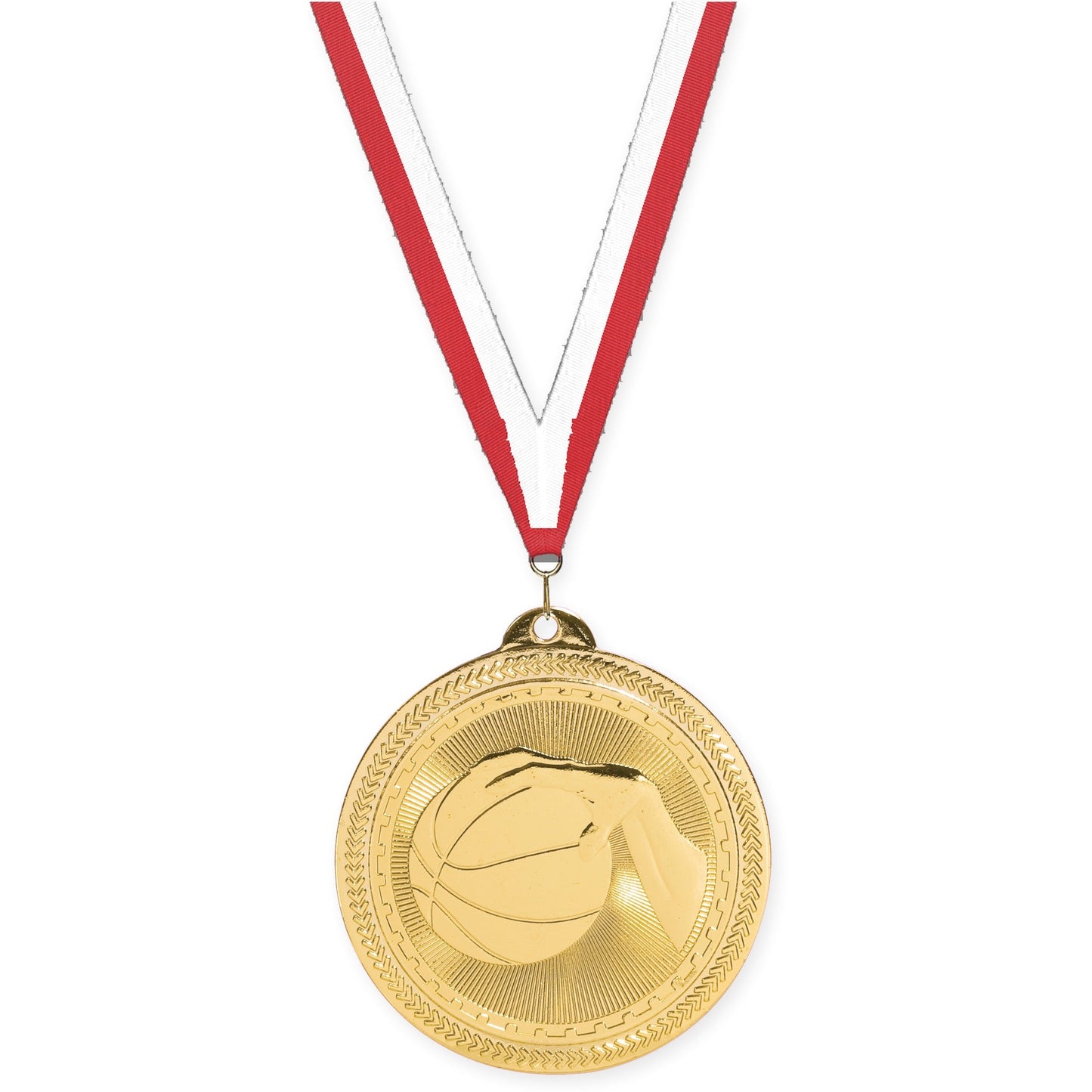 2 inch basketball Sunburst medal in bright gold with Red White neck ribbon