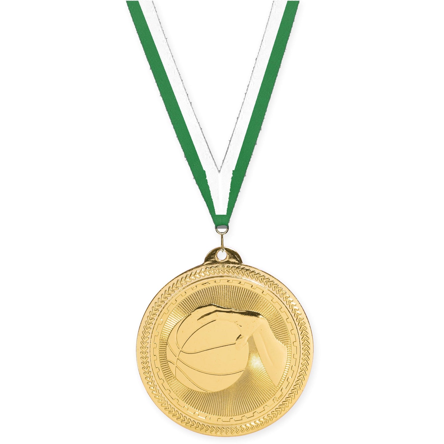 2 inch basketball Sunburst medal in bright gold with Green White neck ribbon