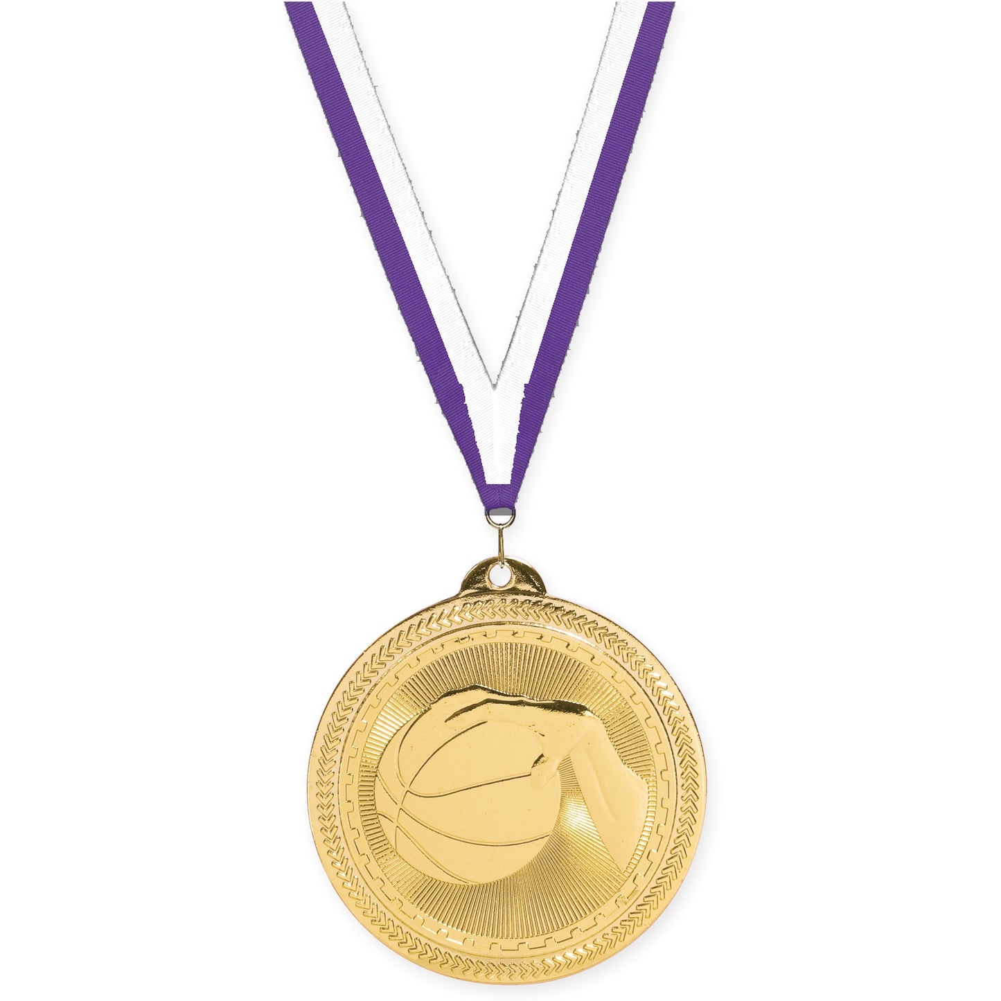 2 inch basketball Sunburst medal in bright gold with Purple White neck ribbon