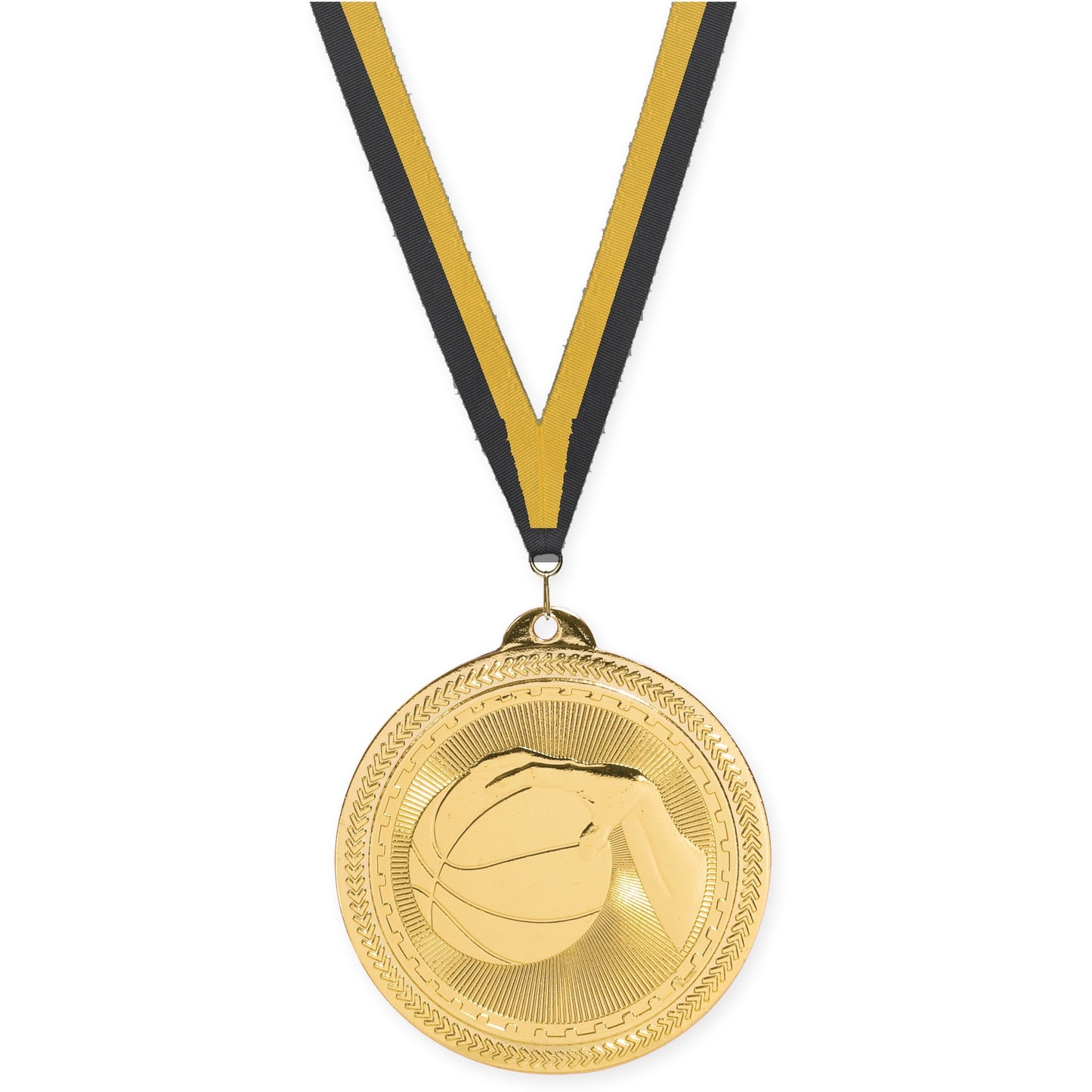 2 inch basketball Sunburst medal in bright gold with Black Gold neck ribbon