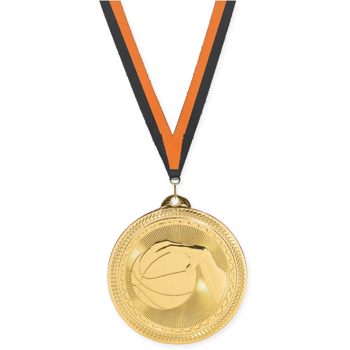 2 inch basketball Sunburst medal in bright gold with Black Orange neck ribbon