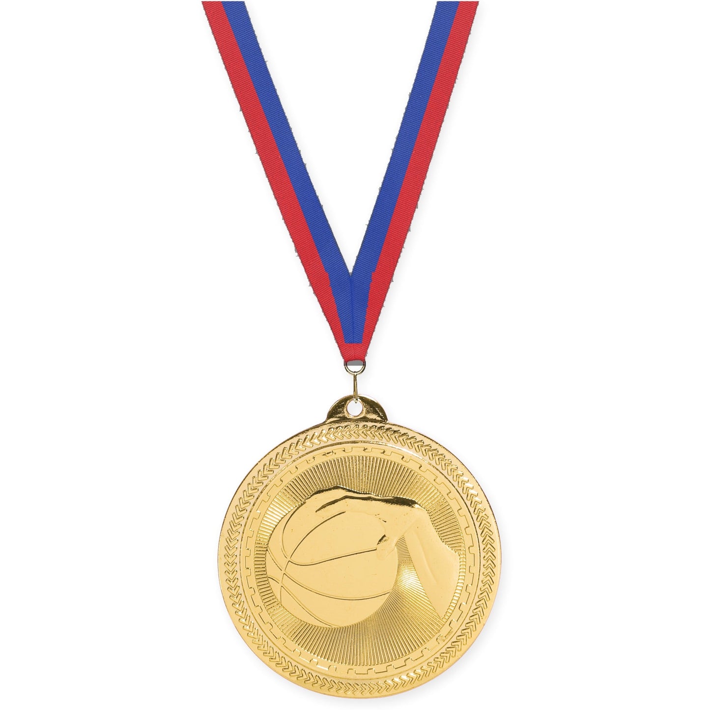 2 inch basketball Sunburst medal in bright gold with Blue Red neck ribbon