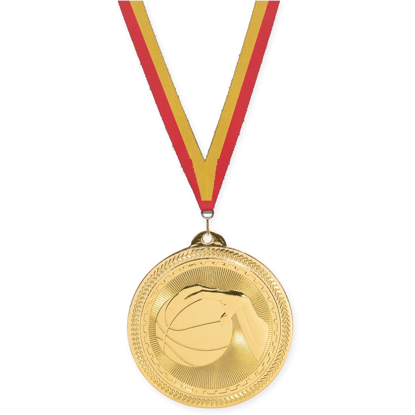 2 inch basketball Sunburst medal in bright gold with Red Gold neck ribbon